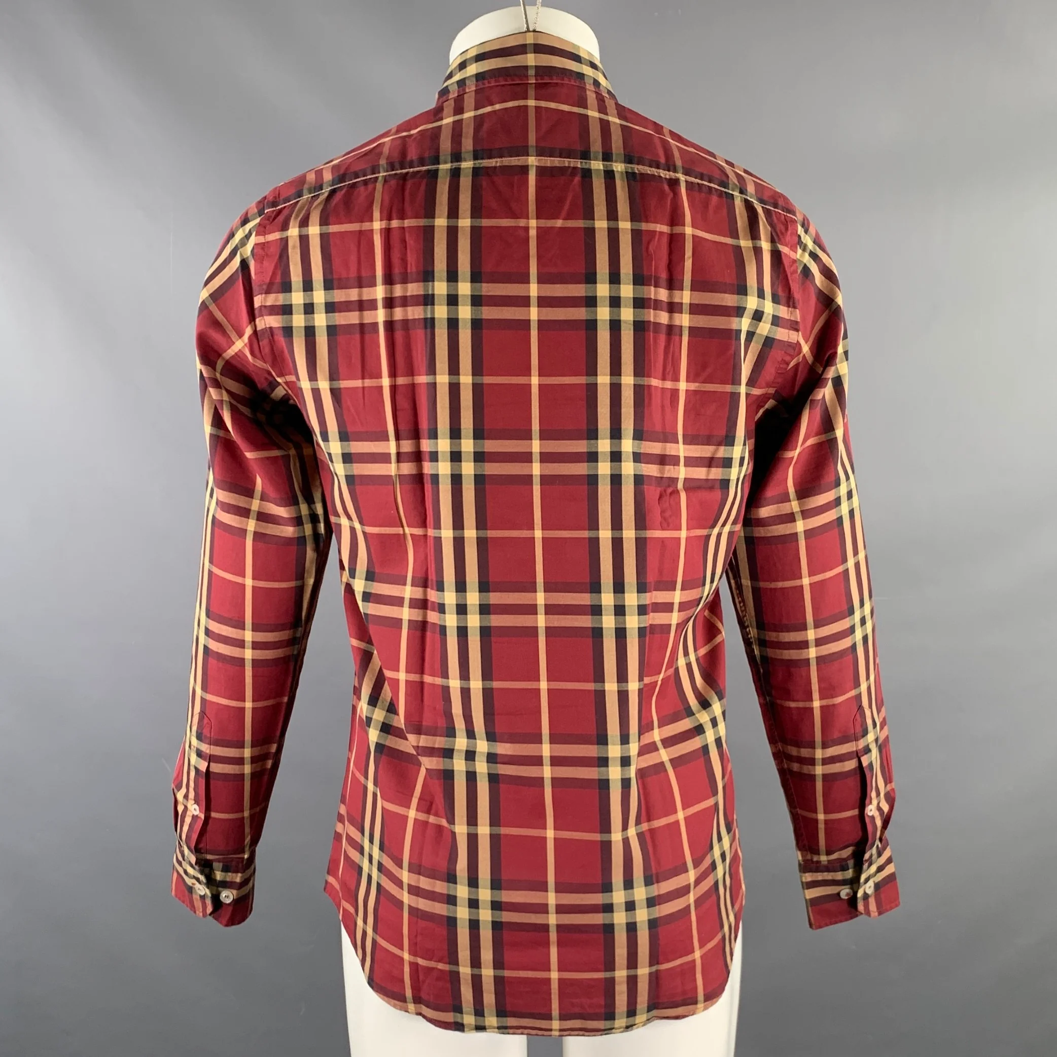BURBERRY Size M Burgundy Khaki & Black Plaid Cotton Button Up Long Sleeve Shirt - Image 4