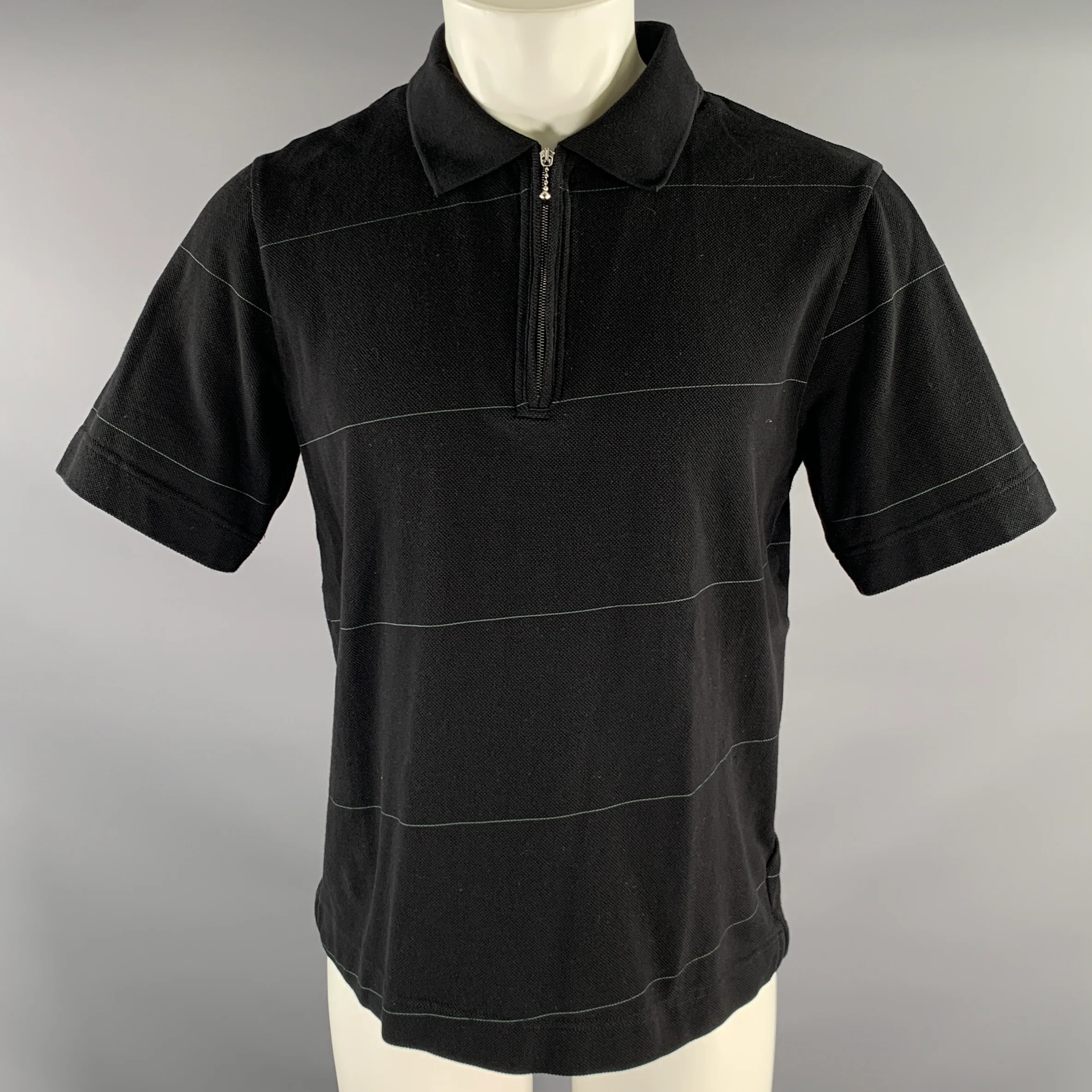 BURBERRY Size S Black Green Stripe Cotton Blend Zip Up Polo