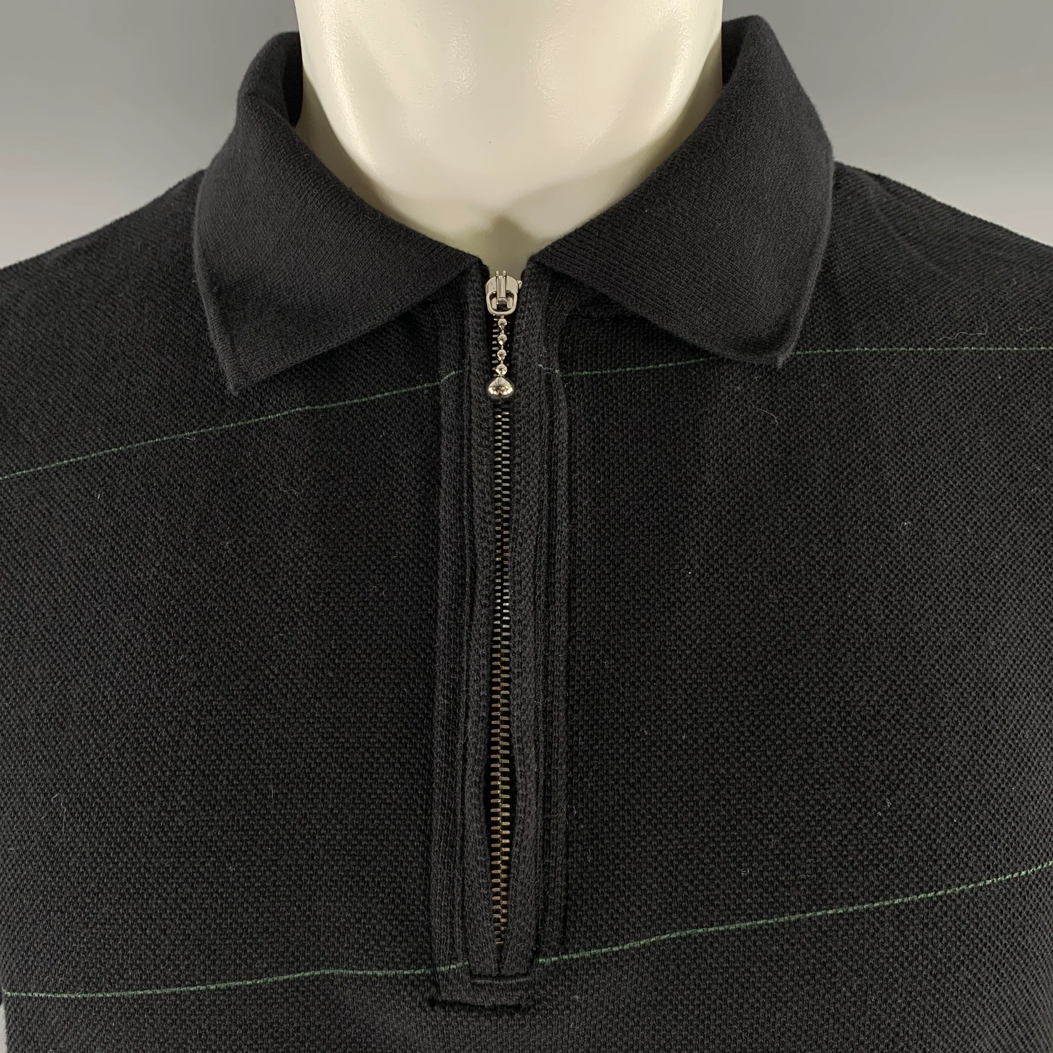 BURBERRY Size S Black Green Stripe Cotton Blend Zip Up Polo - Image 2
