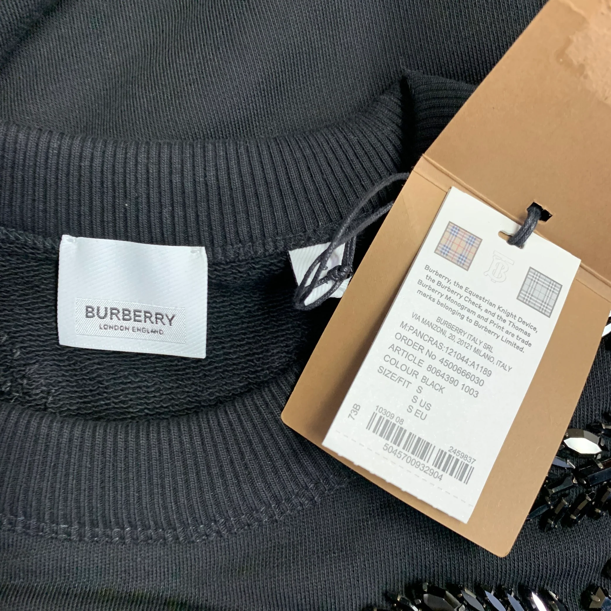 BURBERRY Size S Pancras Black Crystal Embellishment Cotton Crew Neck Sweatshirt - Image 5