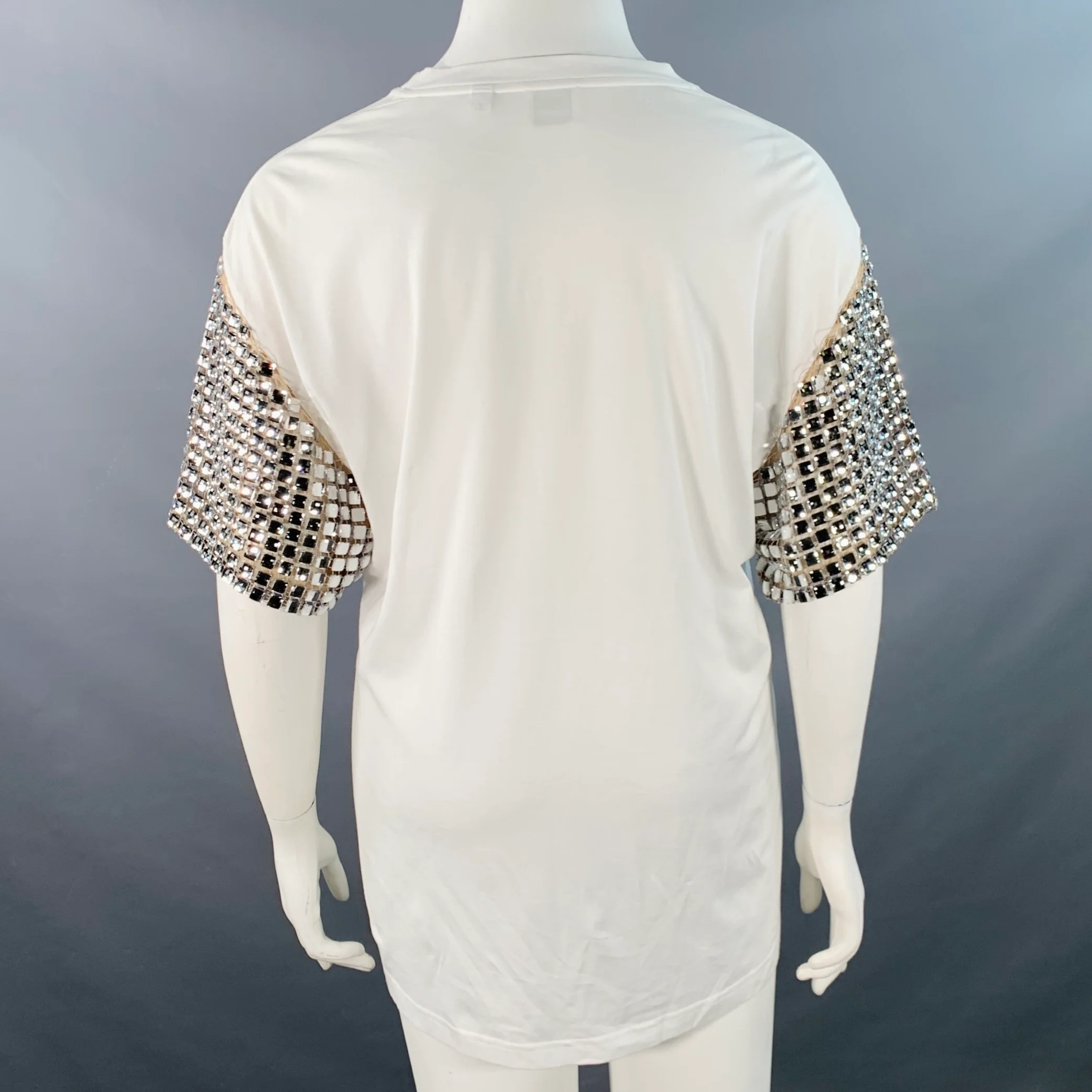 BURBERRY Size XL White Silver Cotton Crystal Embellished Oversized Crew Neck T-Shirt - Image 4