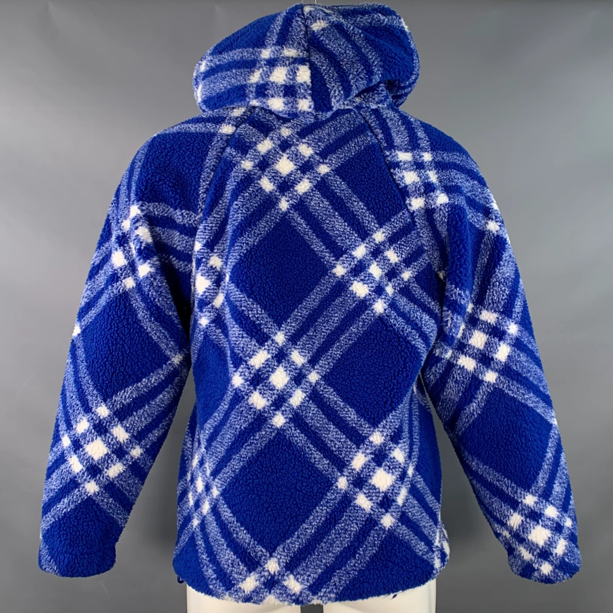 BURBERRY Size XS Blue White Plaid Acrylic Blend Fleece Hoodie Pullover Jacket - Image 4