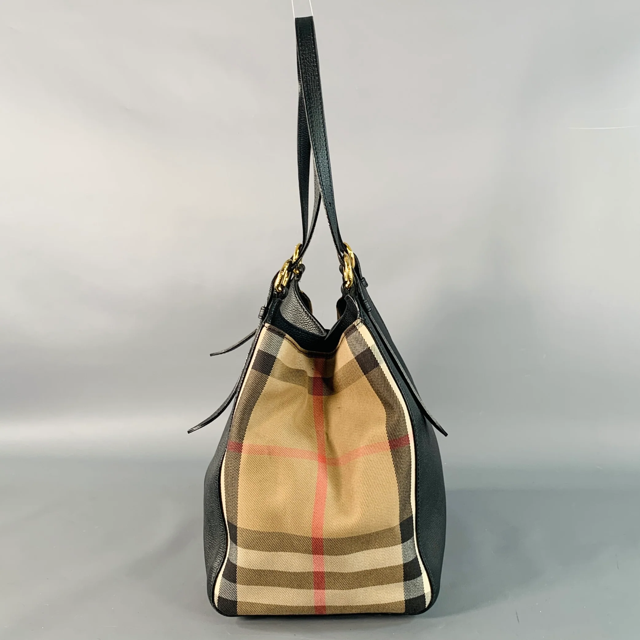 BURBERRY Small Canter Black Beige Plaid Pebble Grain Leather Canvas Handbag - Image 3