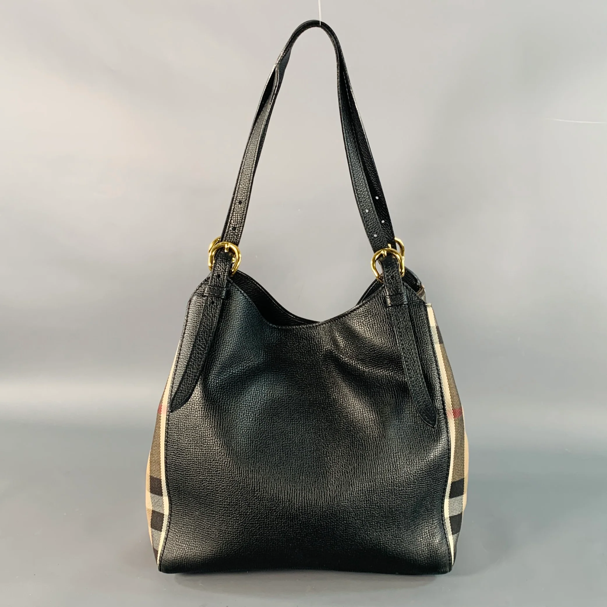 BURBERRY Small Canter Black Beige Plaid Pebble Grain Leather Canvas Handbag - Image 4