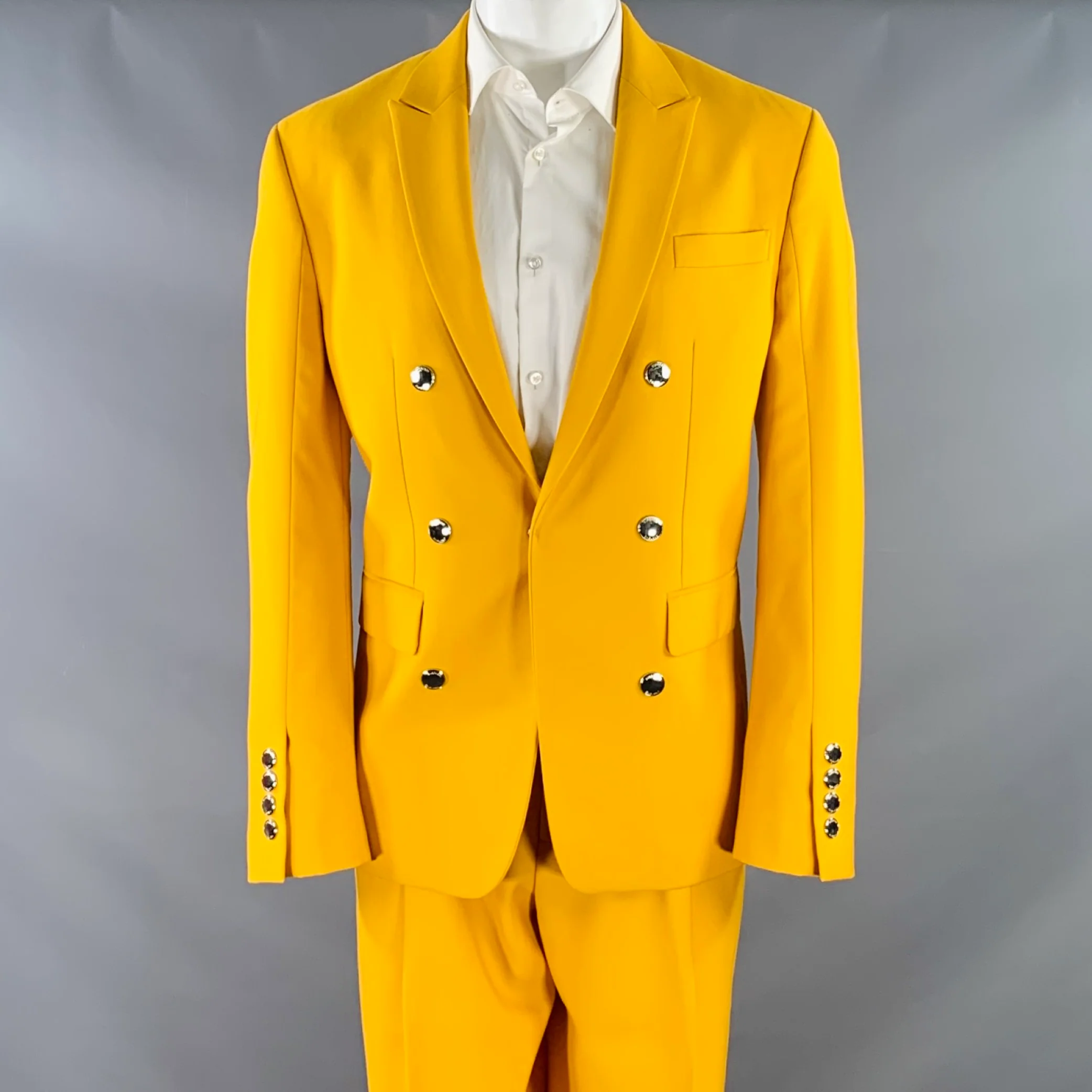 BURBERRY SS23 Size 40 Yellow Wool Double Breasted Peak Lapel Single Snap Suit