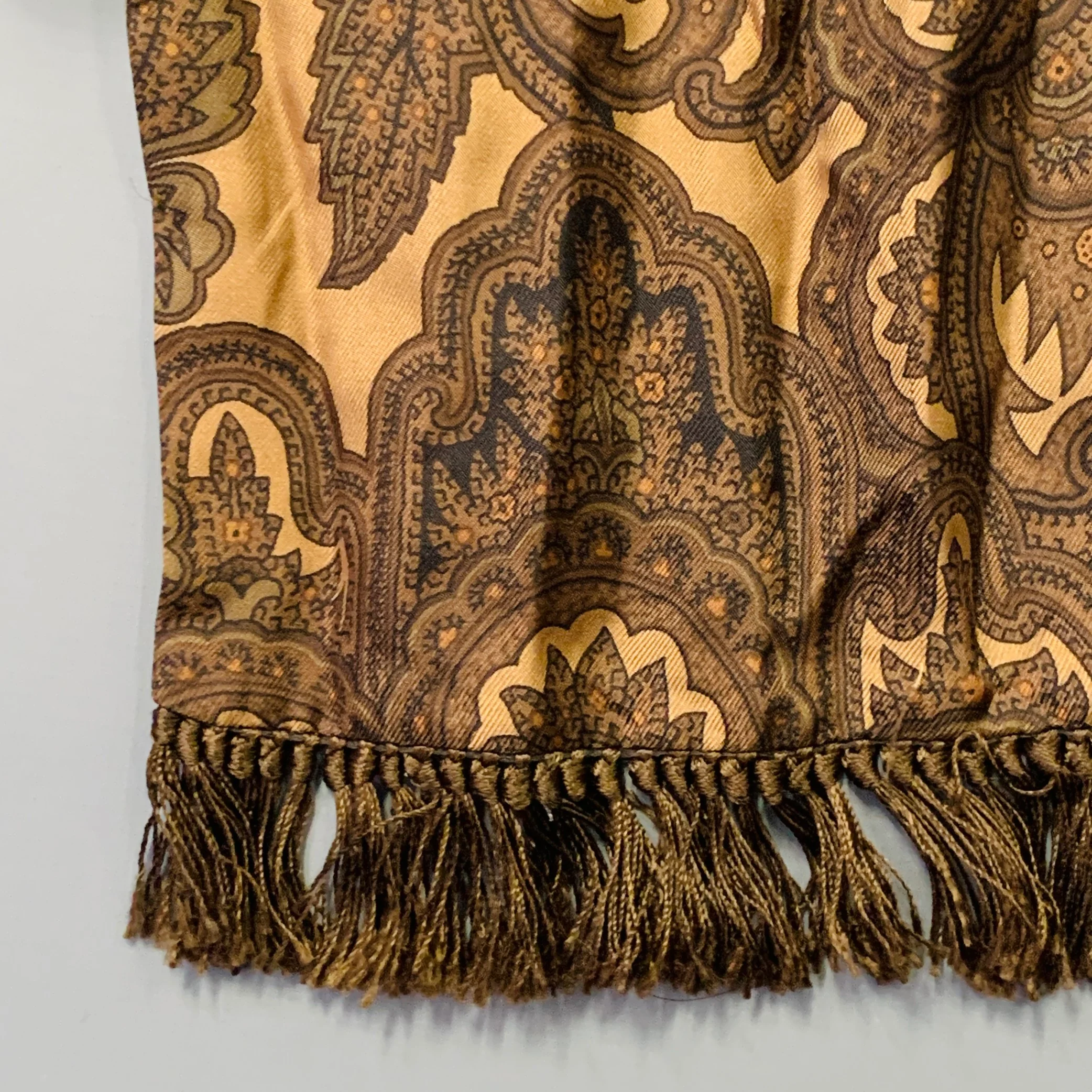 BURBERRY Tan Brown Paisley Silk Fringe Scarf - Image 2