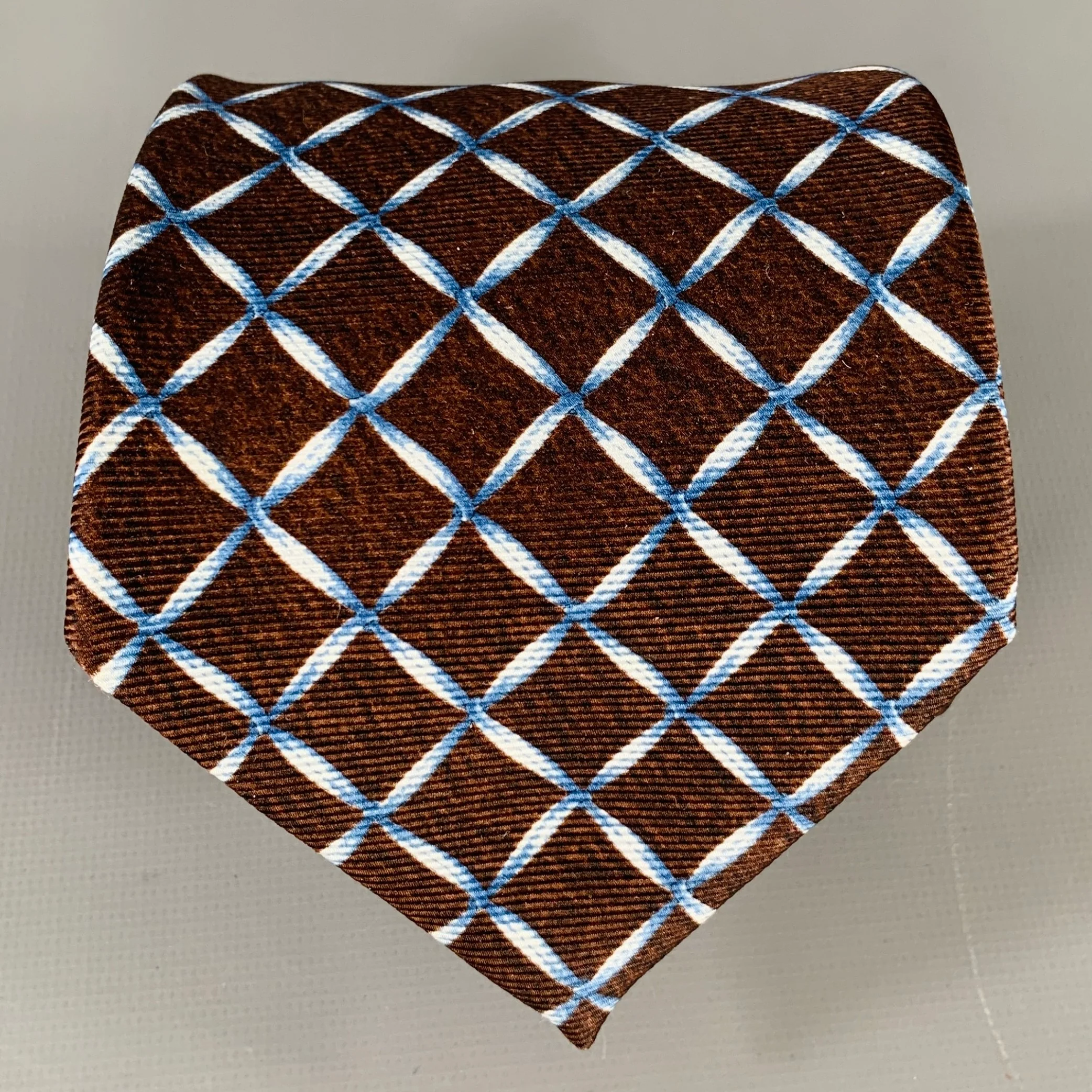 BVLGARI Brown Blue Window Pane Silk Tie