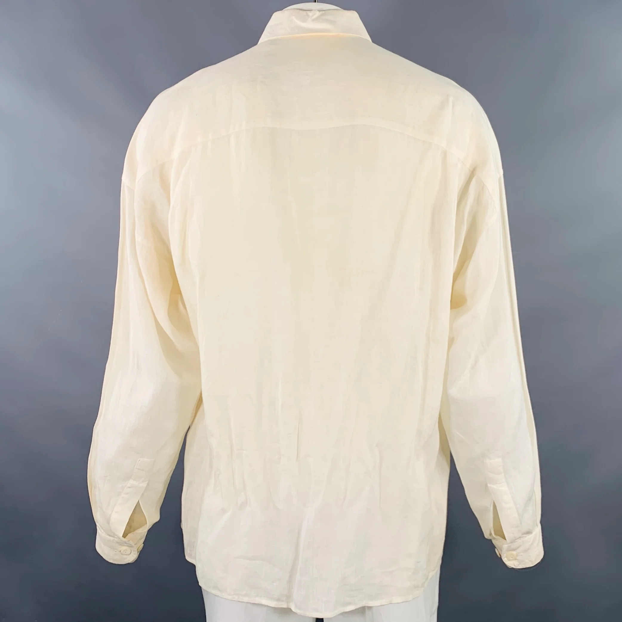 BYBLOS Size L Cream Gold Embroidery Linen One Pocket Long Sleeve Shirt - Image 4