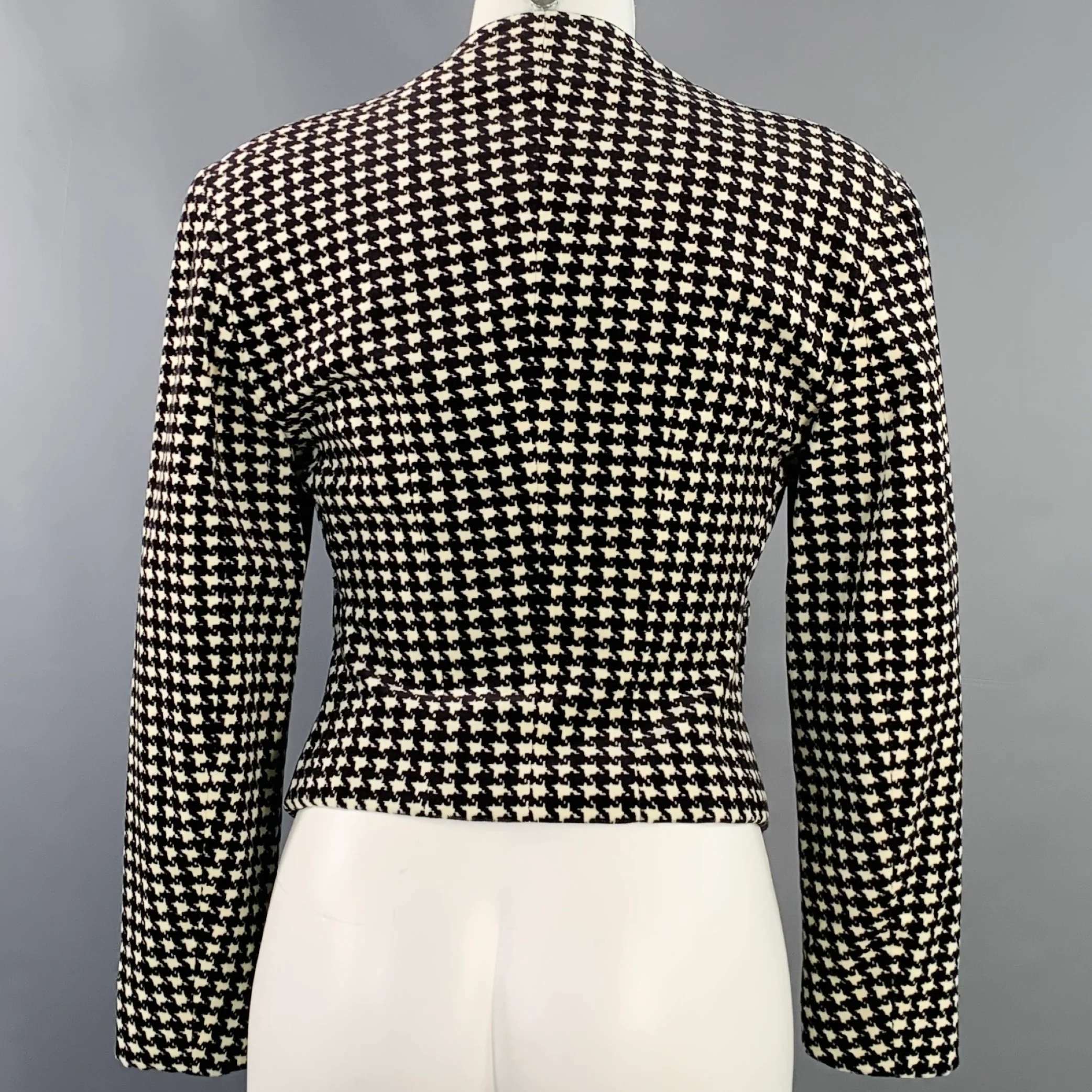 BYBLOS Size S Black White Cotton Velvet Houndstooth Collarless Cropped Blazer - Image 3