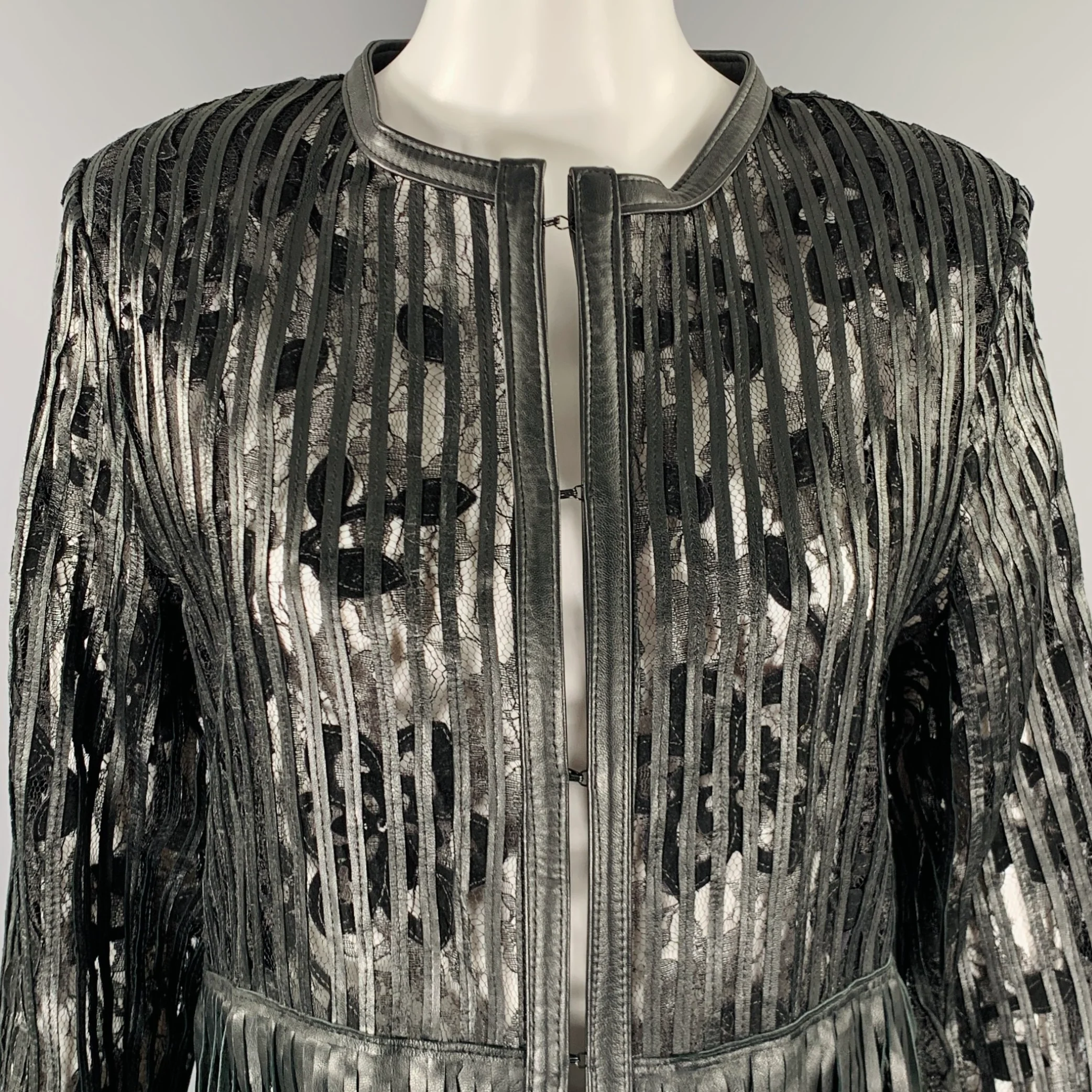 CABAN ROMANTIC Size 8 Black Lace Leather Fringed Coat - Image 2