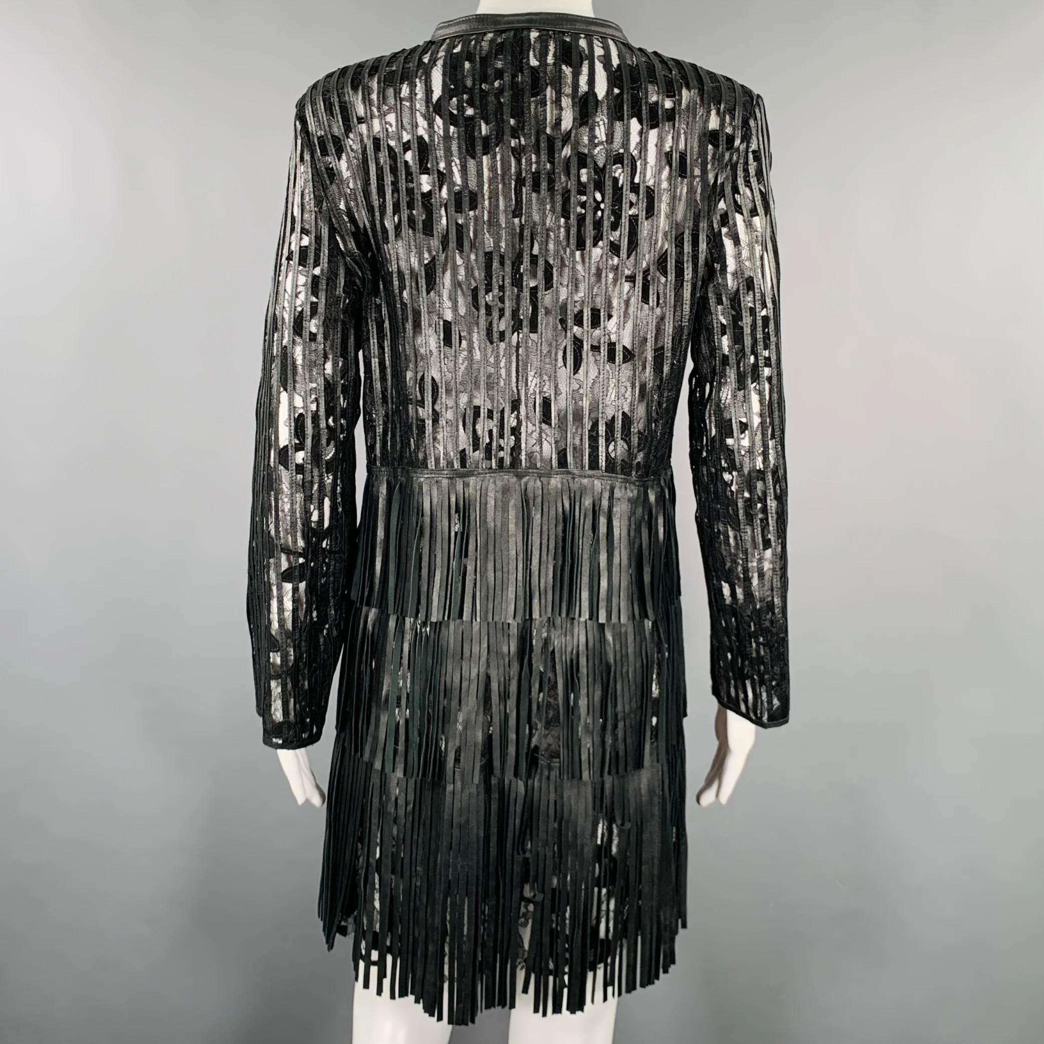 CABAN ROMANTIC Size 8 Black Lace Leather Fringed Coat - Image 5