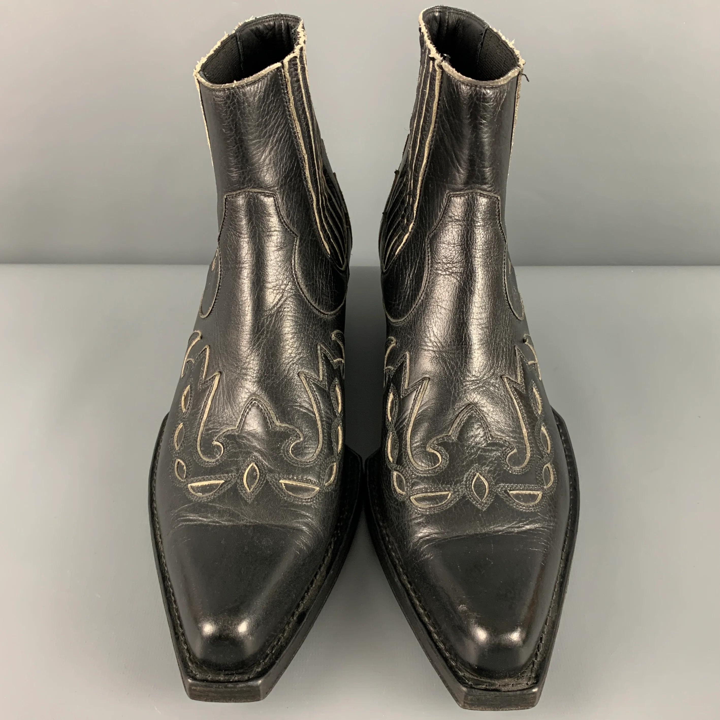 CALVIN KLEIN 205W39NYC Size 12 Black Embroidery Leather Pull On Boots - Image 4