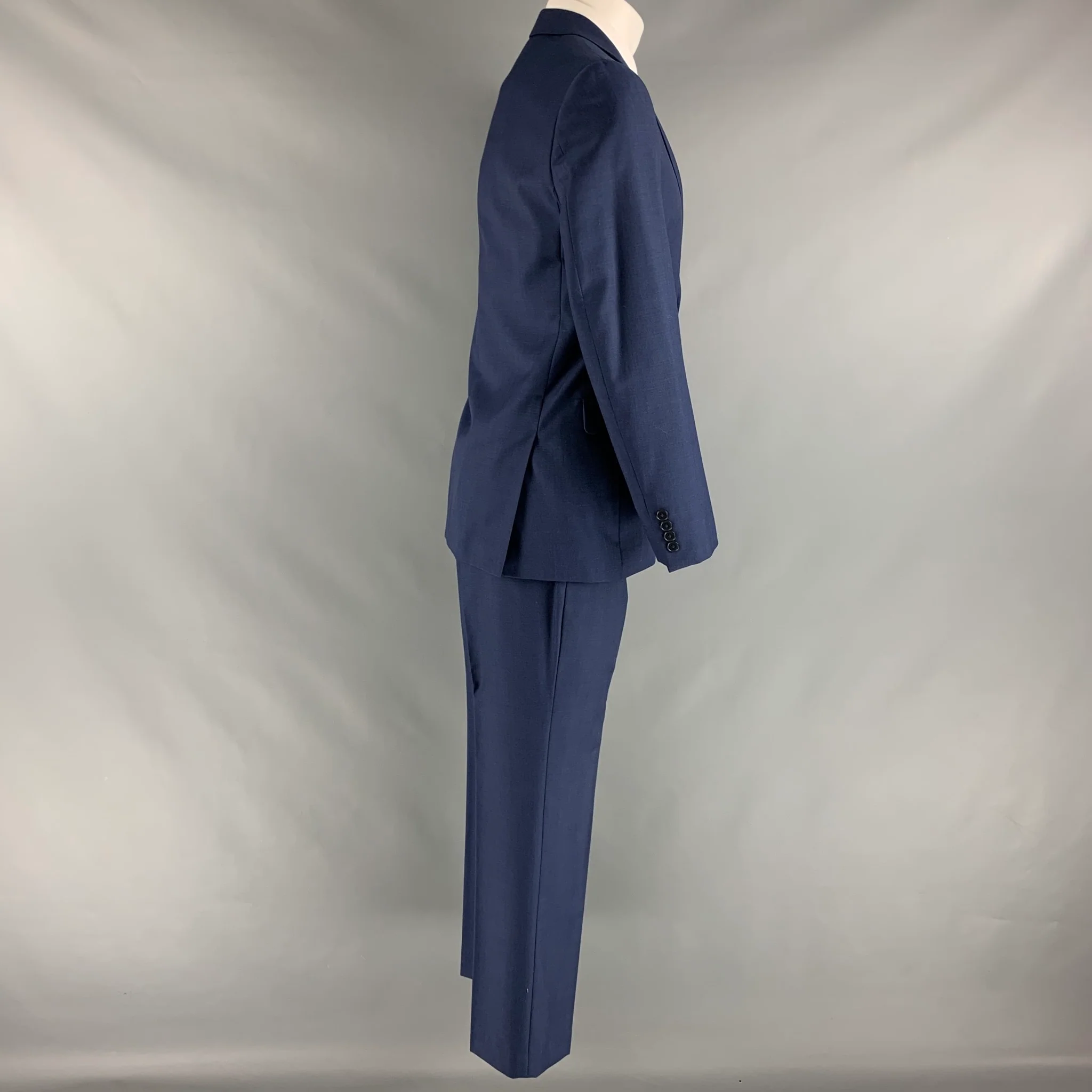 CALVIN KLEIN Size 38 Blue Solid Wool Notch Lapel Suit - Image 3
