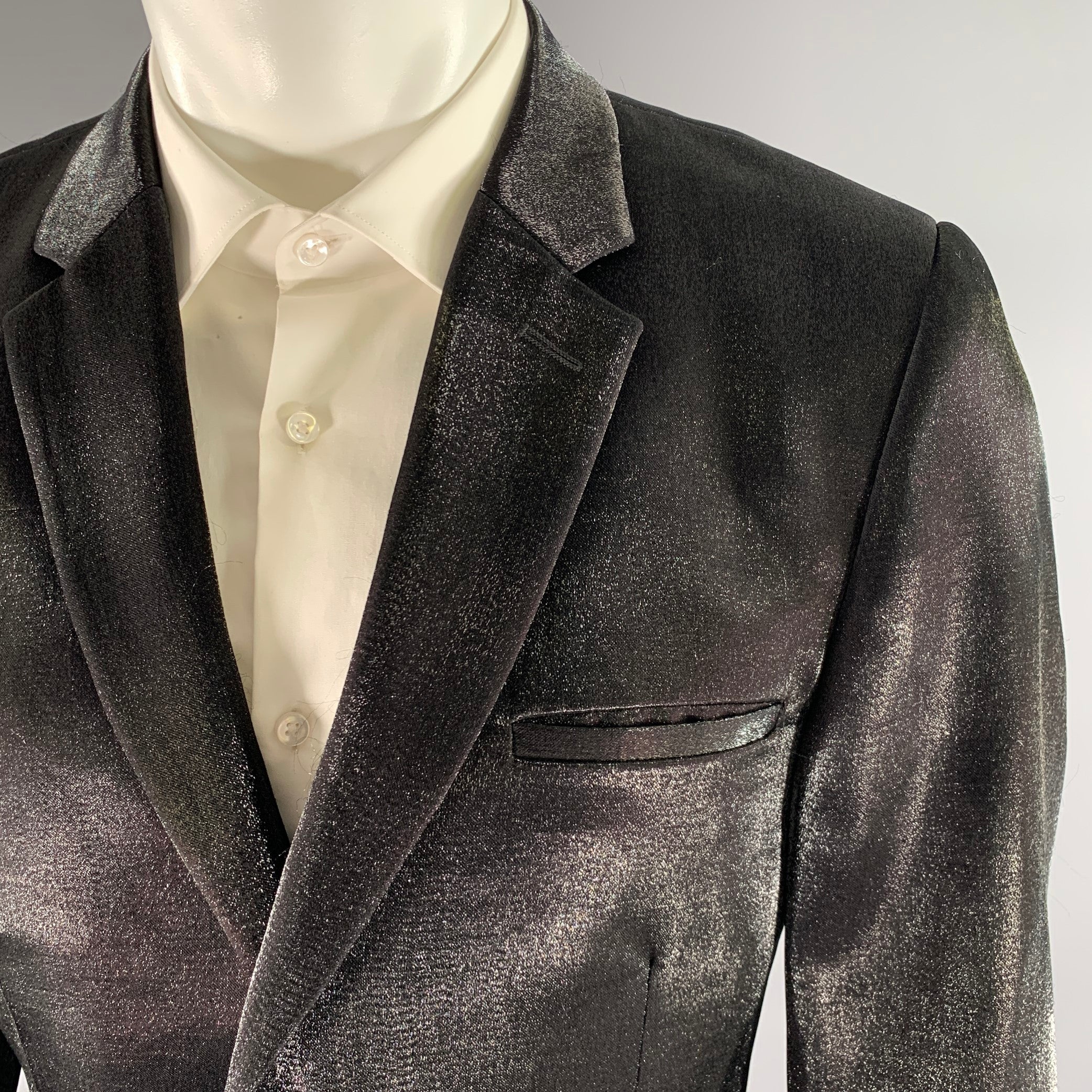 CALVIN KLEIN Size 40 Black Shimmer Viscose Blend Notch Lapel Sport Coat - Image 2