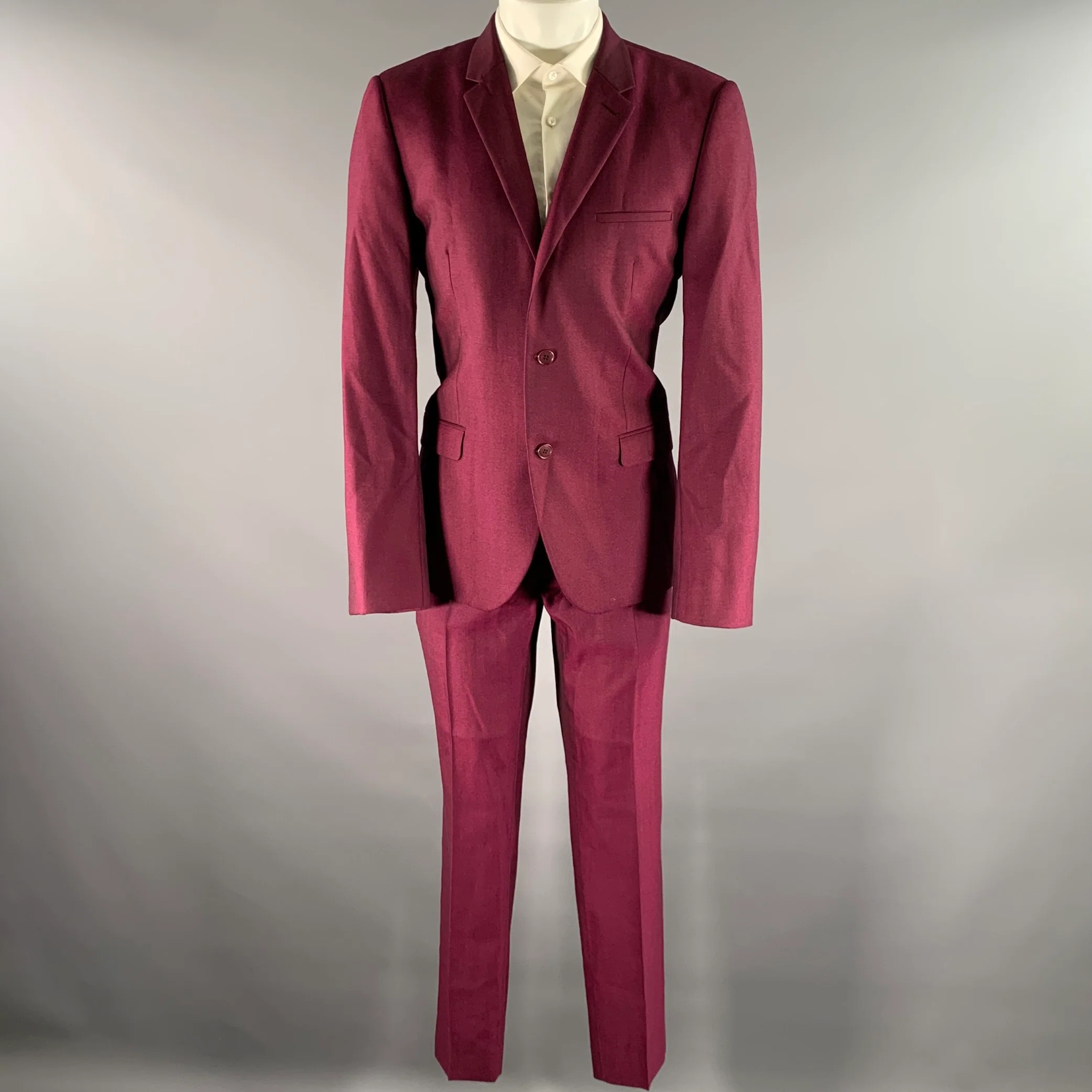 CALVIN KLEIN Size 42 Burgundy Nailhead Wool Notch Lapel Suit - Image 2