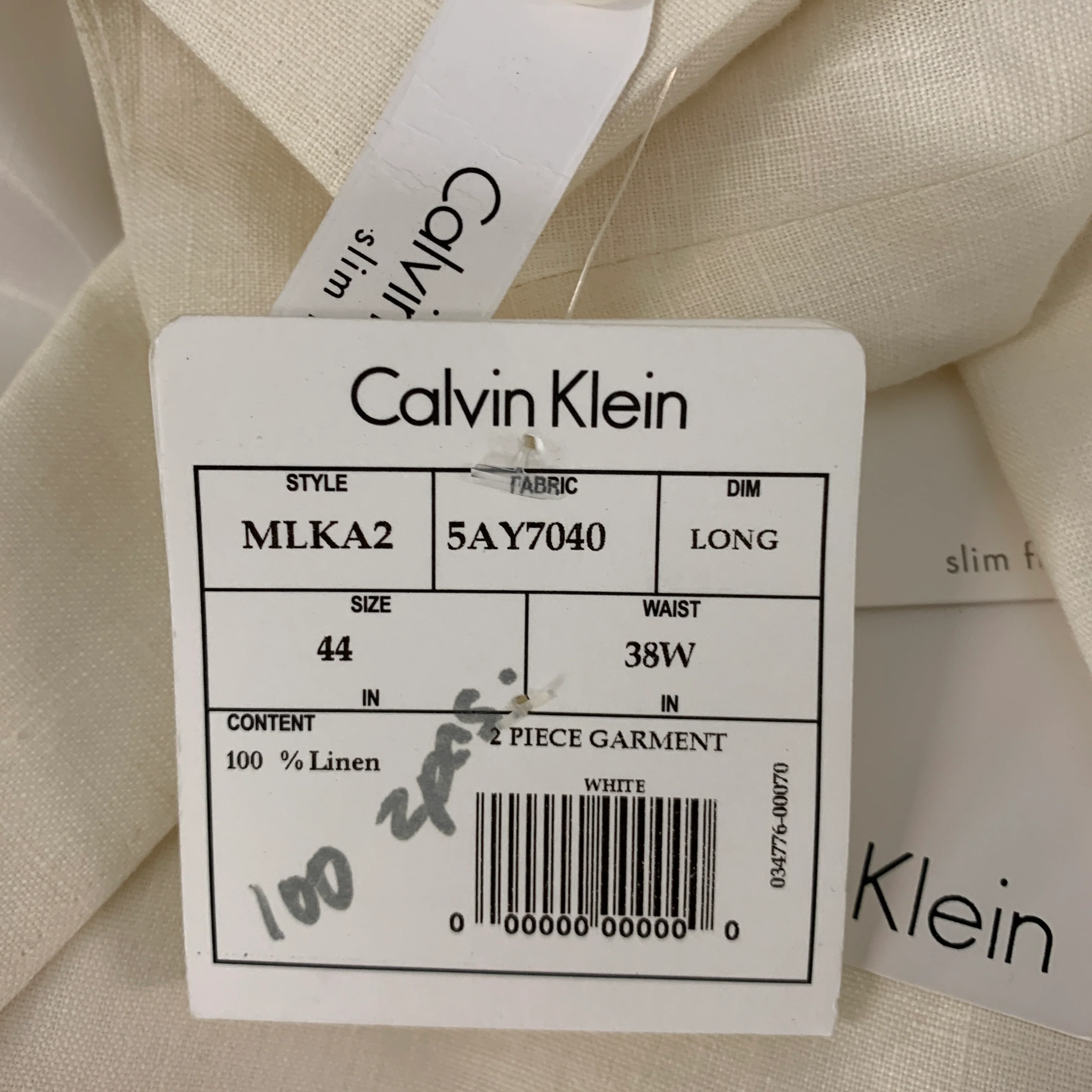 CALVIN KLEIN Size 44 Long Cream Linen Single breasted Suit - Image 12