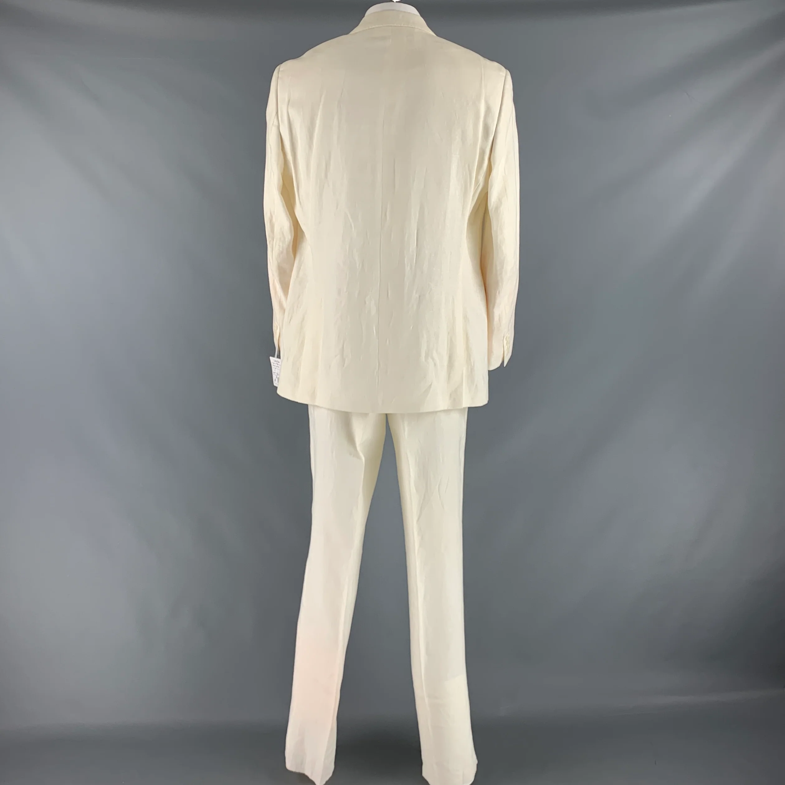 CALVIN KLEIN Size 44 Long Cream Linen Single breasted Suit - Image 4