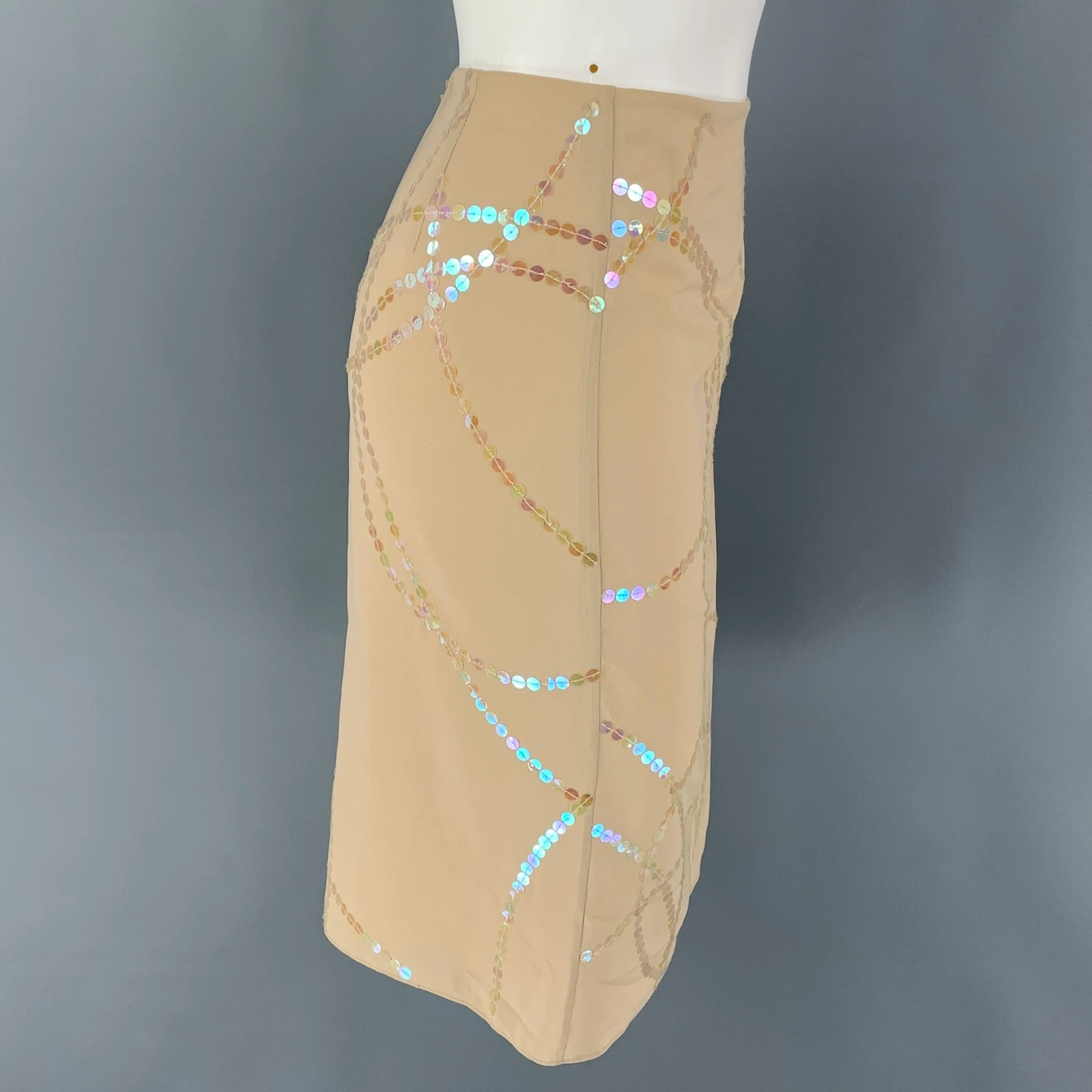 CALVIN KLEIN Size 8 Beige Silk Sequined A-Line Skirt - Image 3
