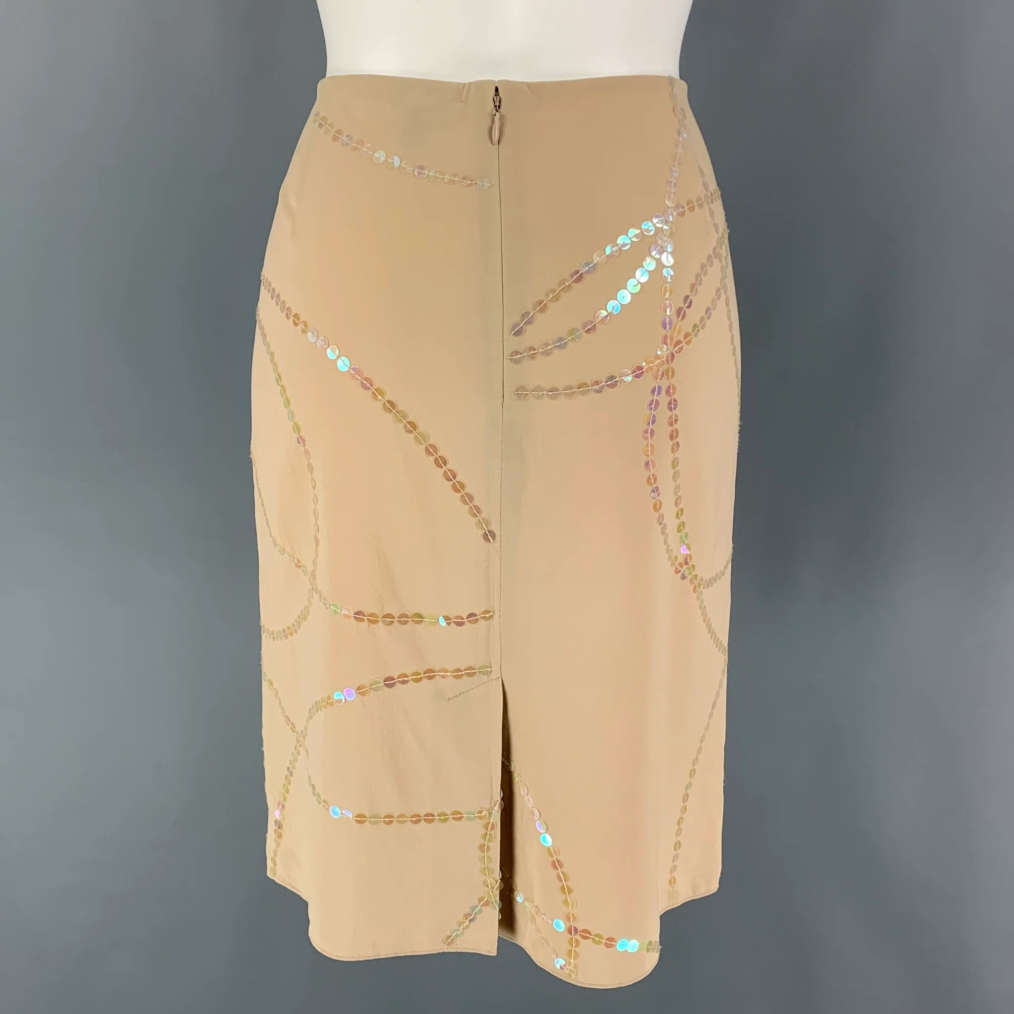 CALVIN KLEIN Size 8 Beige Silk Sequined A-Line Skirt - Image 4