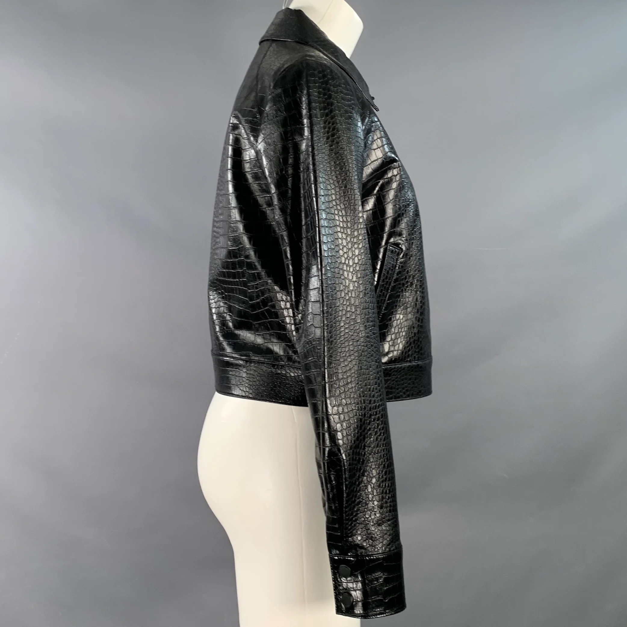 CALVIN KLEIN Size 8 Black Faux Leather Croc Embossed Snaps Jacket - Image 2