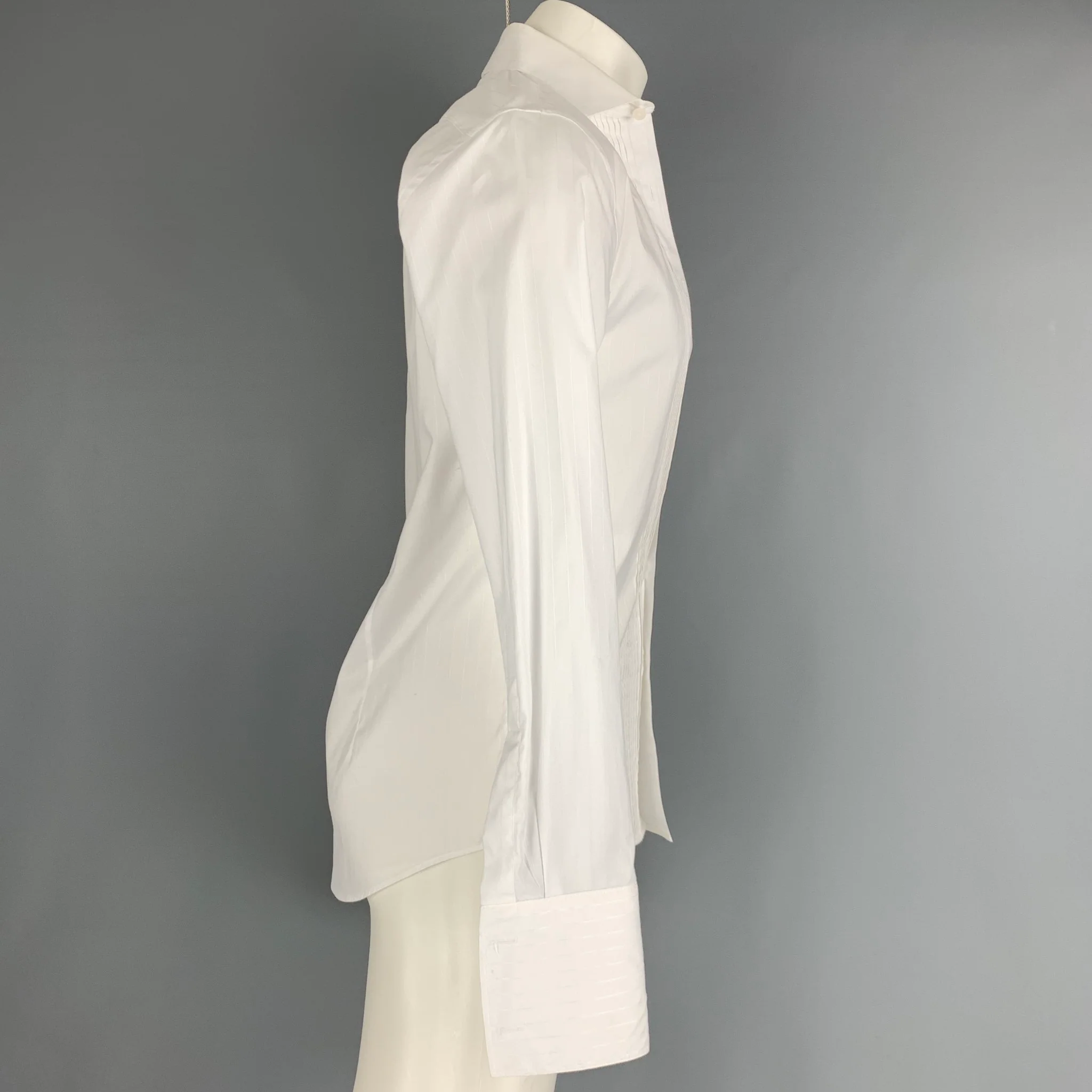 CALVIN KLEIN Size S White Stripe Cotton Tuxedo Long Sleeve Shirt - Image 3