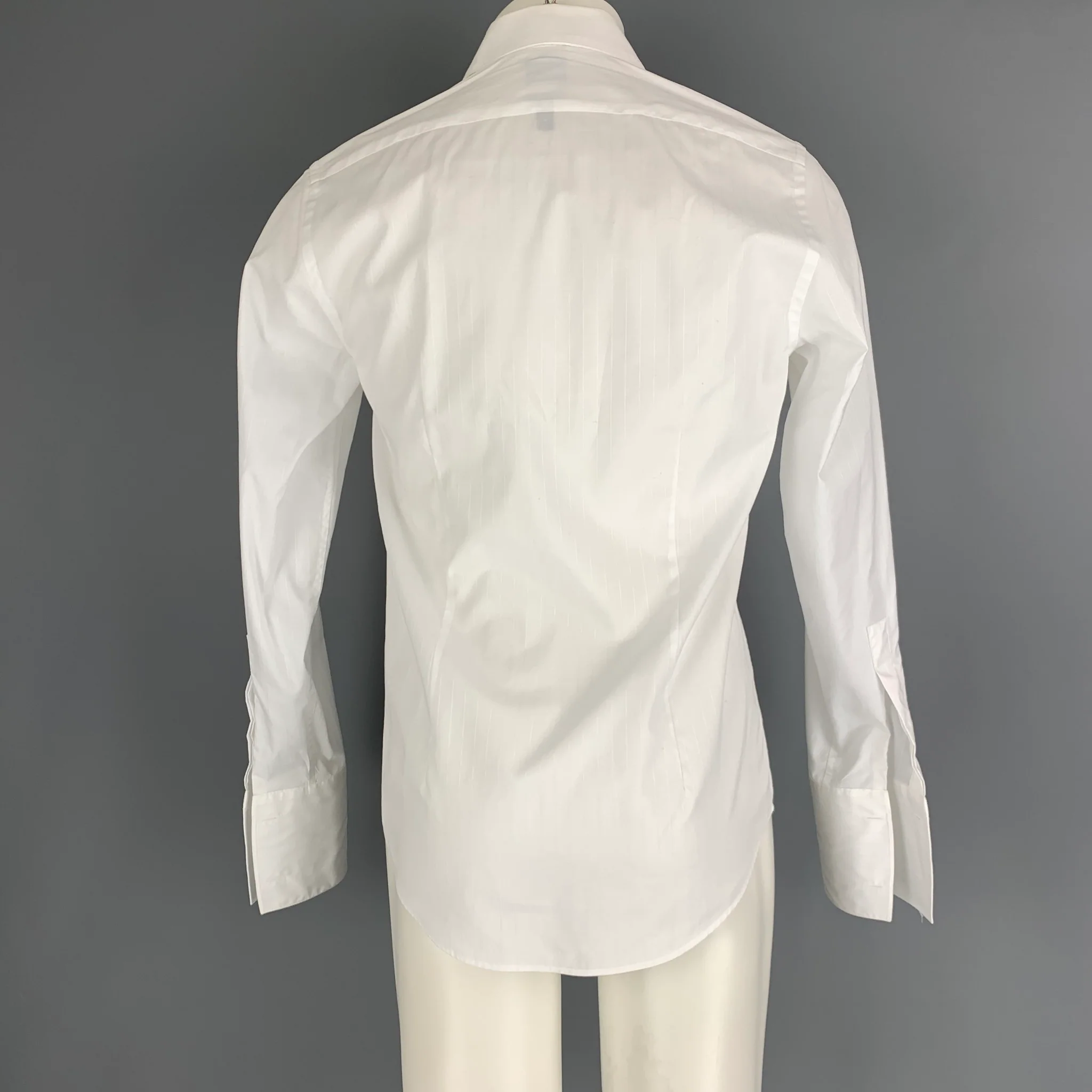 CALVIN KLEIN Size S White Stripe Cotton Tuxedo Long Sleeve Shirt - Image 4