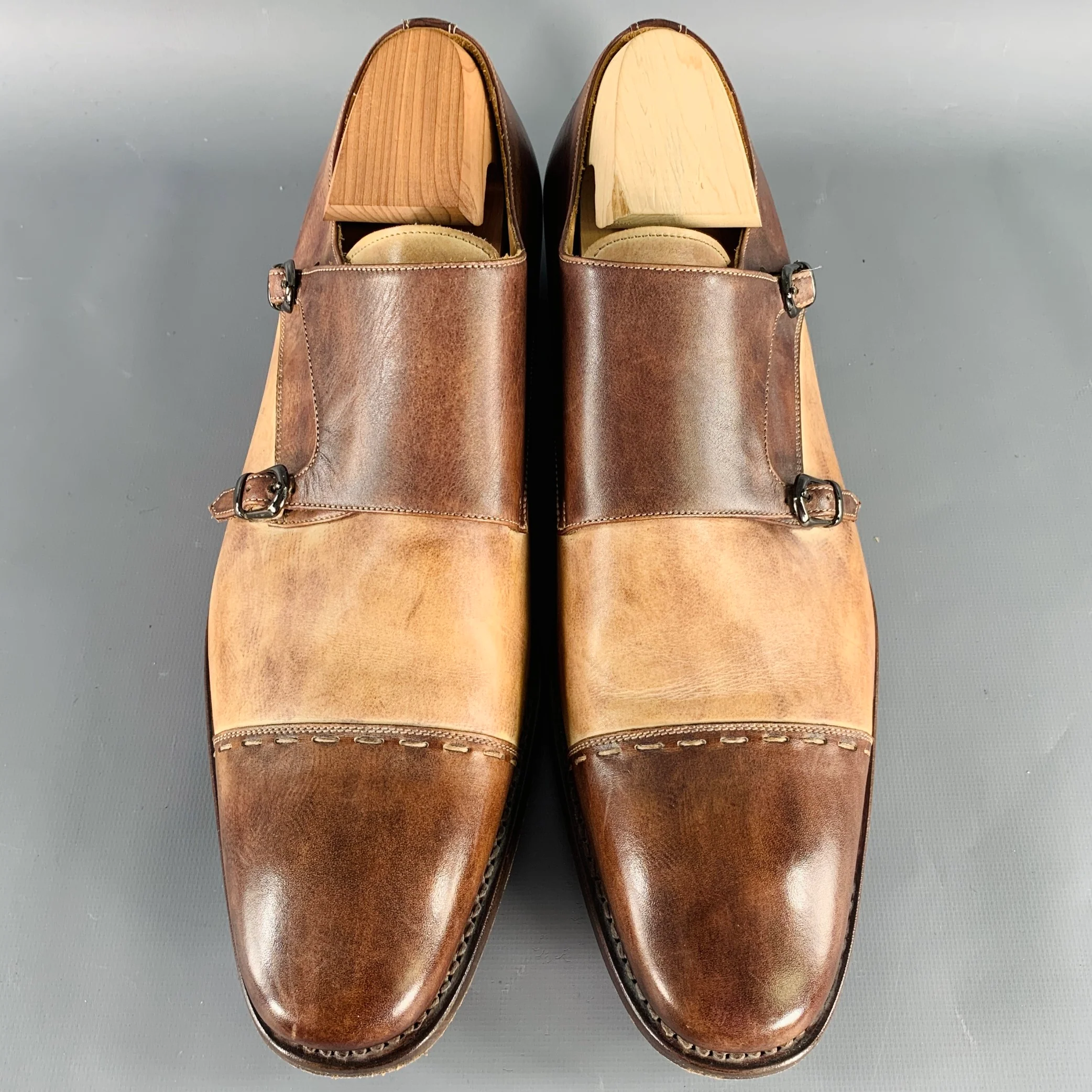 CALZOLERIA HARRIS Size 10.5 Brown Tan Two Toned Leather Monk Strap Loafers - Image 4
