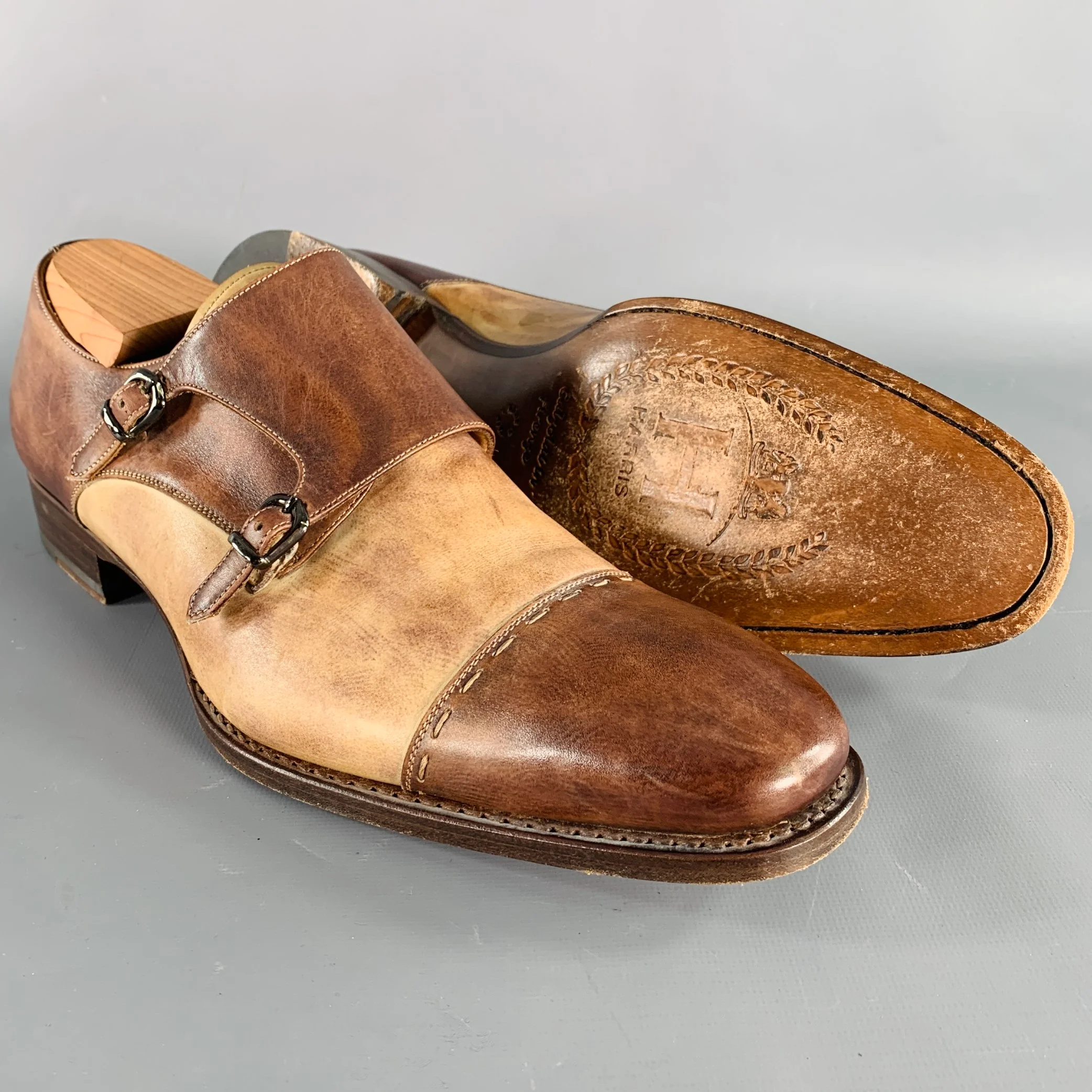 CALZOLERIA HARRIS Size 10.5 Brown Tan Two Toned Leather Monk Strap Loafers - Image 5
