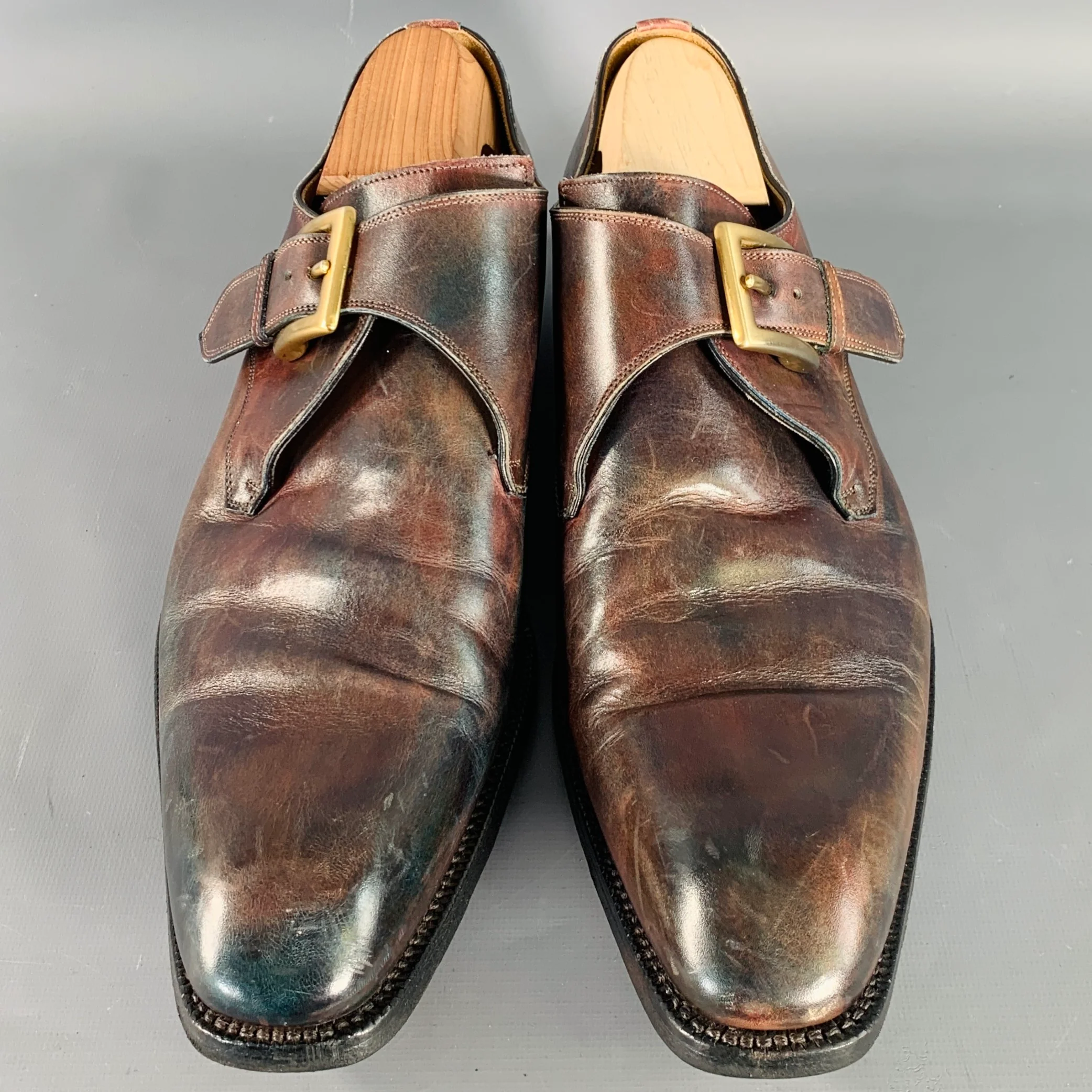 CALZOLERIA HARRIS Size 12 Brown Antique Leather Monk Strap Loafers - Image 4