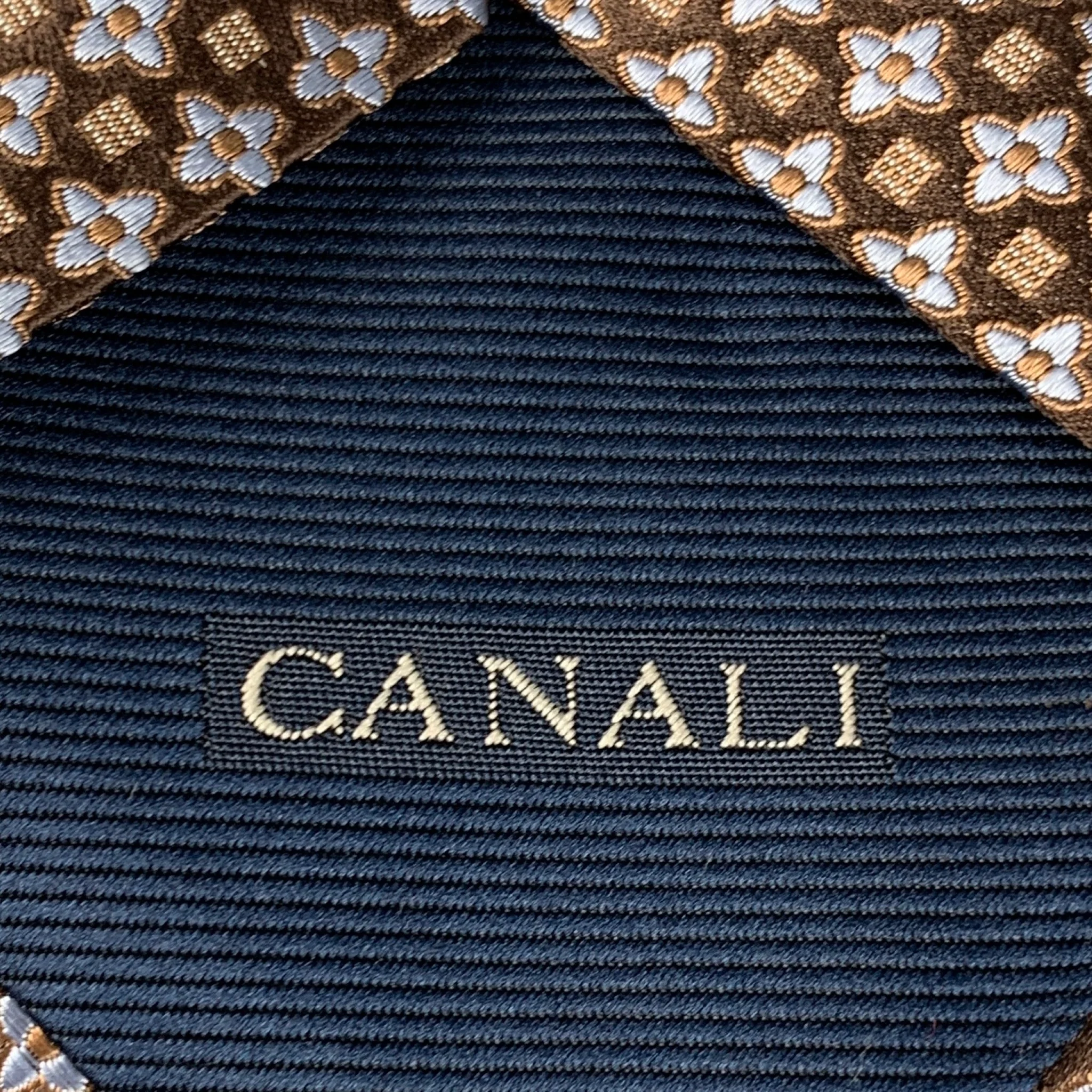 CANALI Brown Light Blue Abstract Floral Silk Tie - Image 4