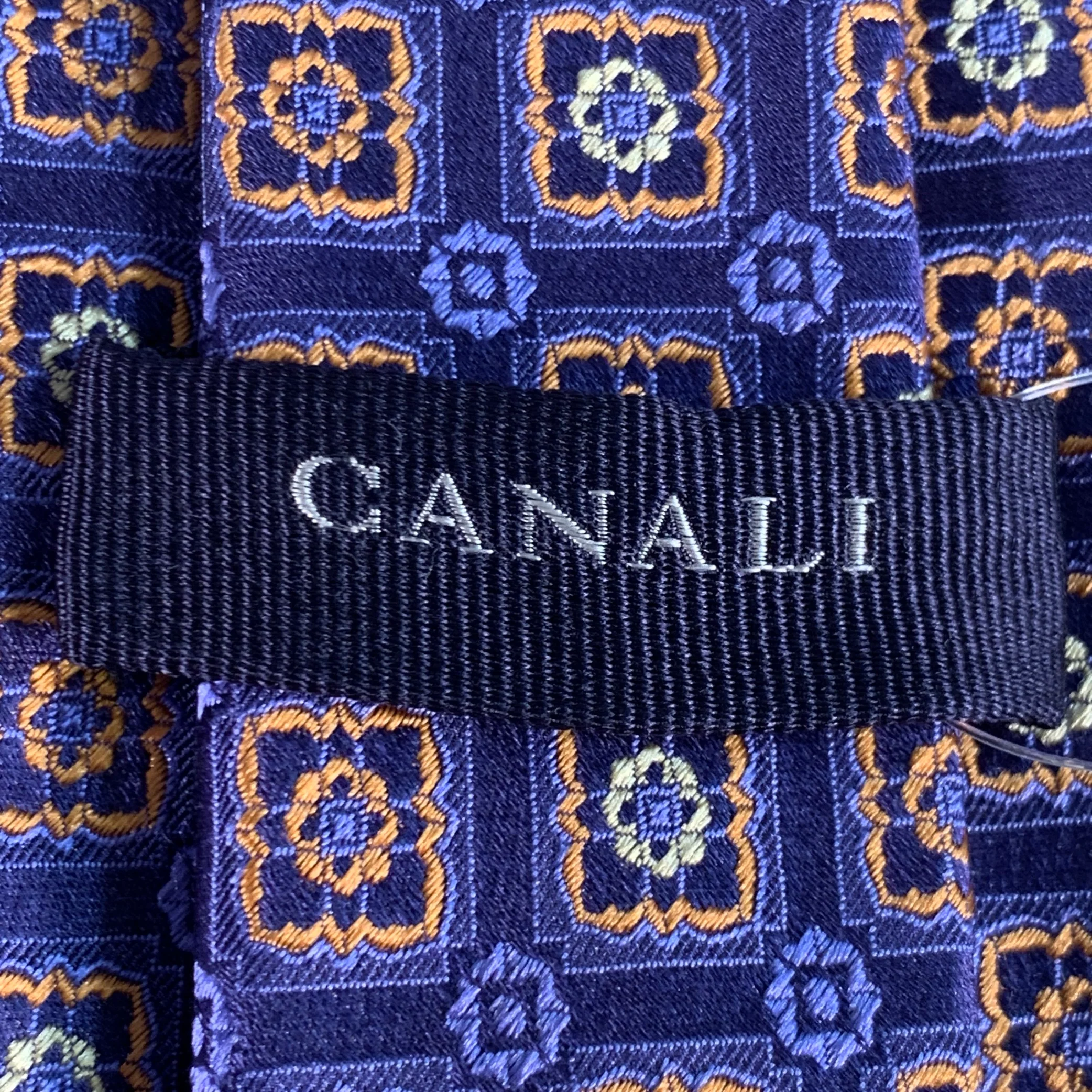 CANALI Navy Orange Abstract Floral Silk Tie - Image 4