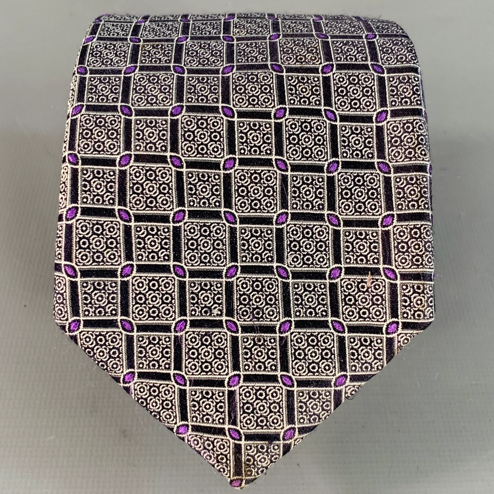 CANALI One Size Black Purple Checkered Jacquard Silk Tie