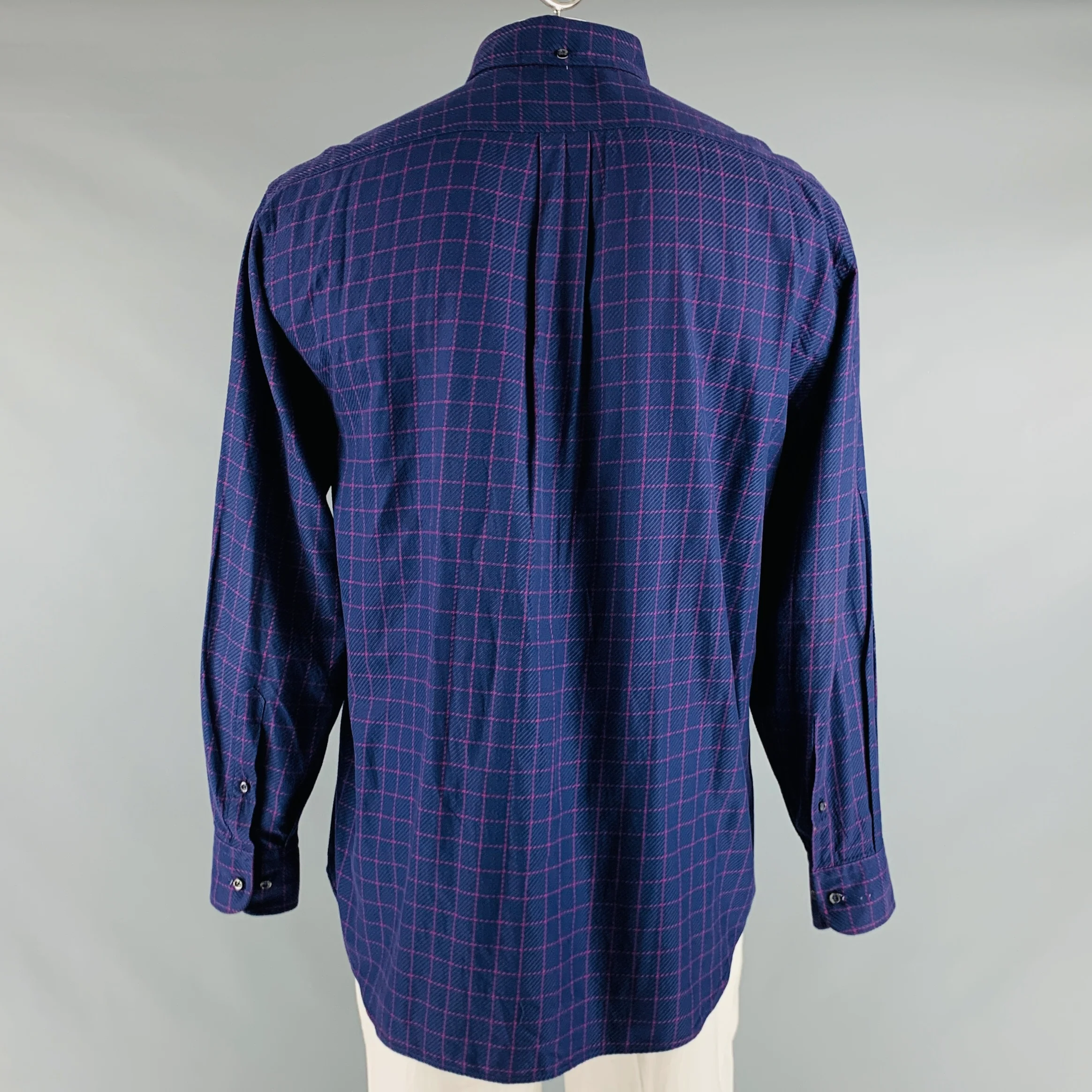 CANALI Size L Purple Fuchsia Window Pane Cotton One pocket Long Sleeve Shirt - Image 3