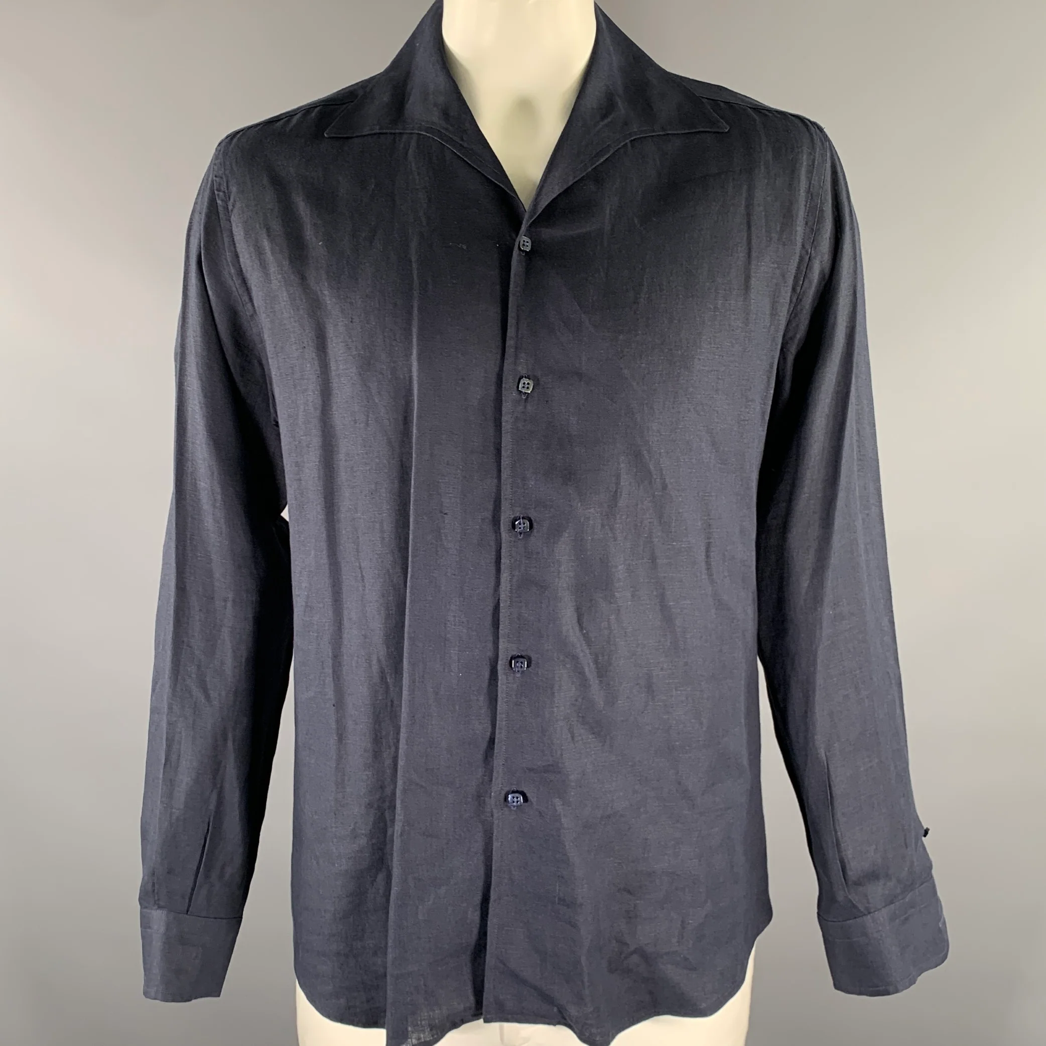 CAPRI Size XL Navy Linen Camp Long Sleeve Shirt