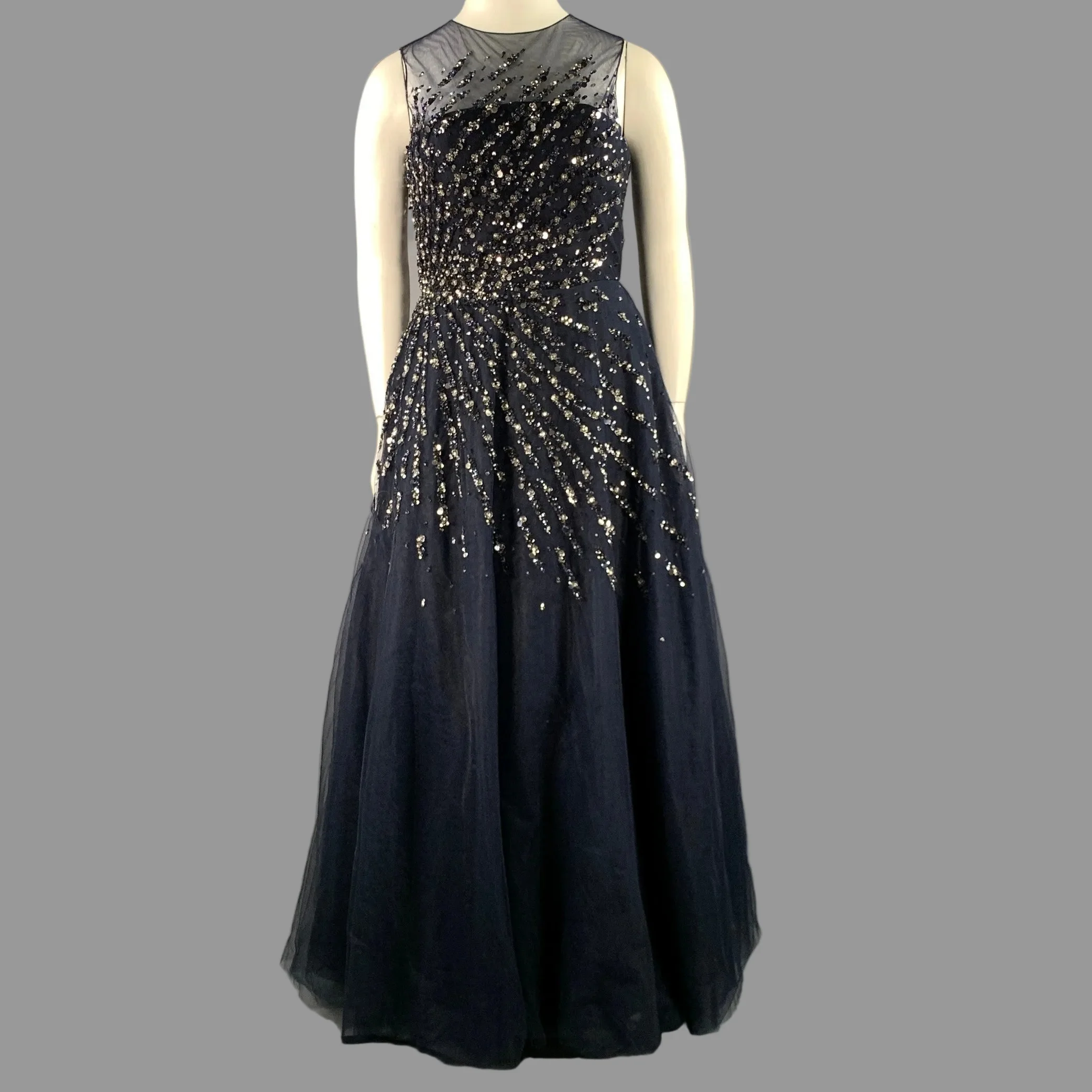 CAROLINA HERRERA Size 14 Navy Silver Nylon A-Line Long Gown