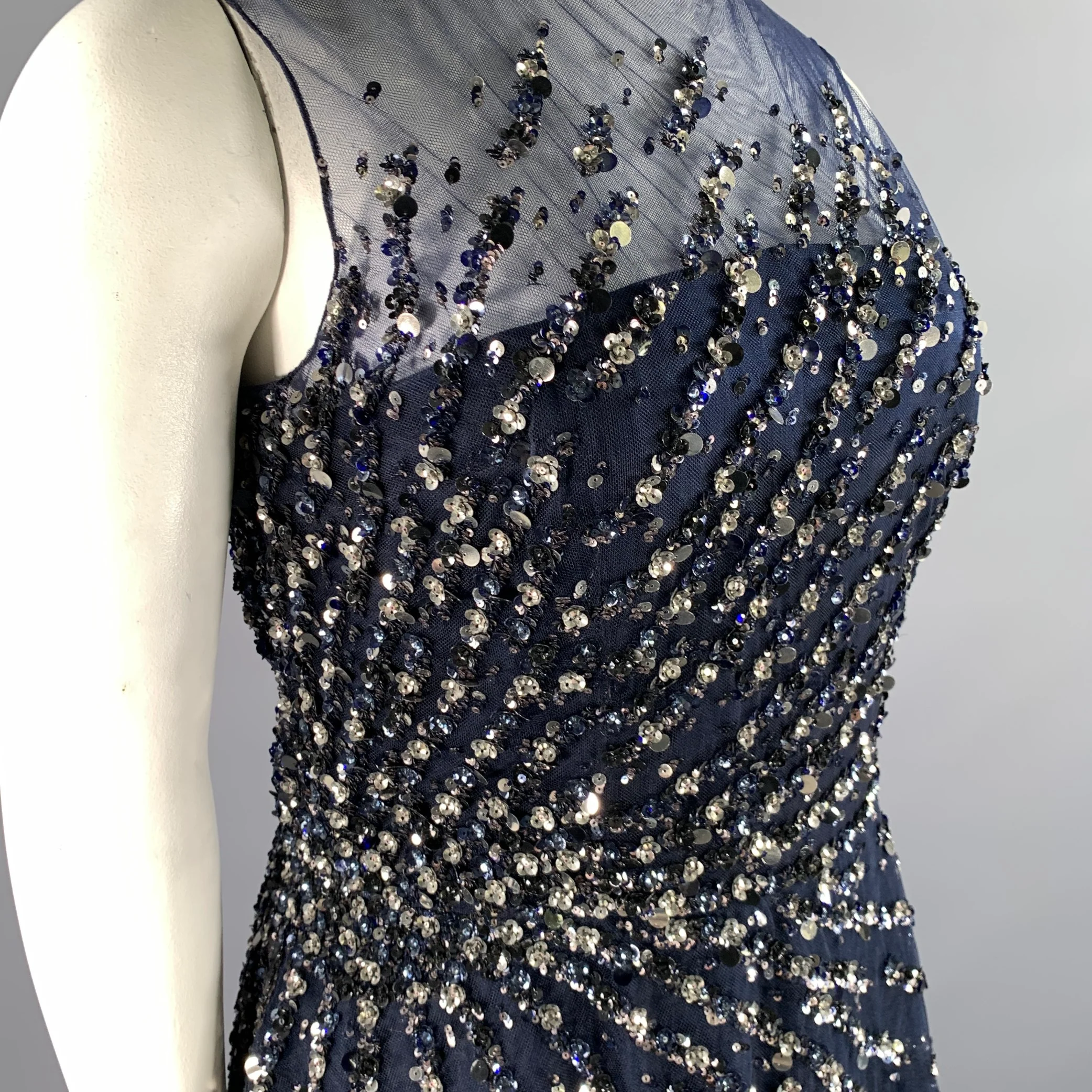 CAROLINA HERRERA Size 14 Navy Silver Nylon A-Line Long Gown - Image 3