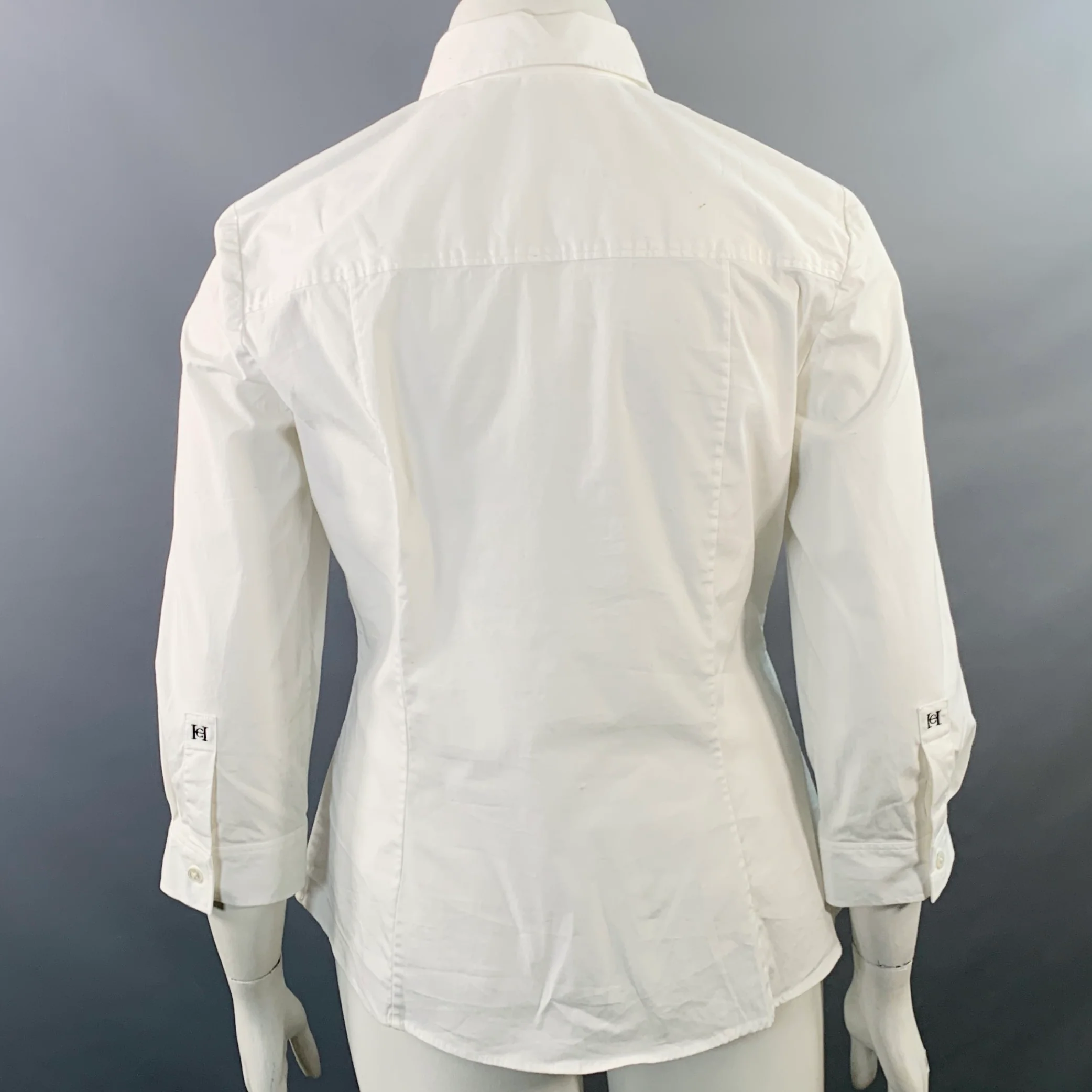 CAROLINA HERRERA Size 14 White Cotton Blend 3/4 Sleeves Spread Collar Shirt - Image 4