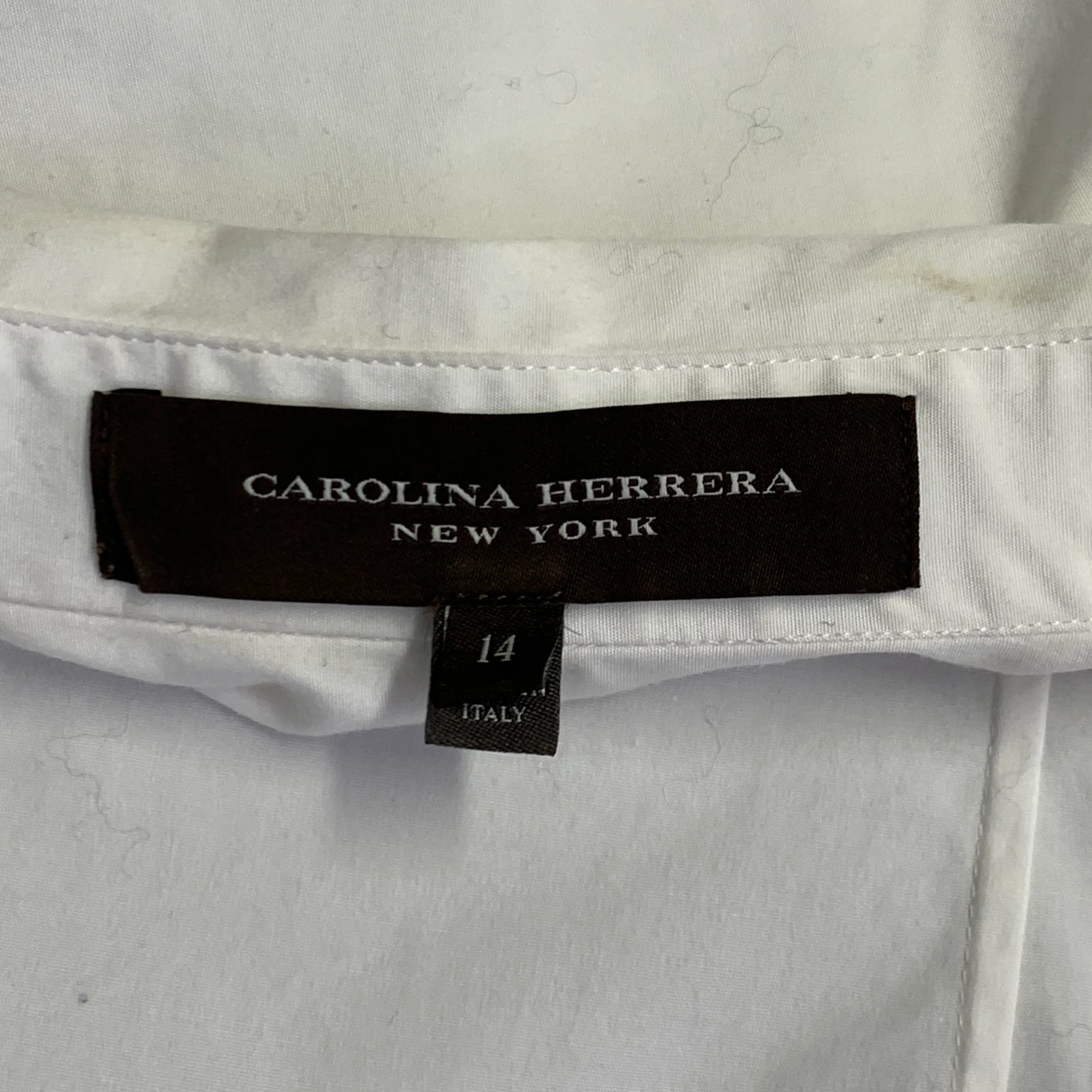 CAROLINA HERRERA Size 14 White Cotton Blend 3/4 Sleeves Spread Collar Shirt - Image 8