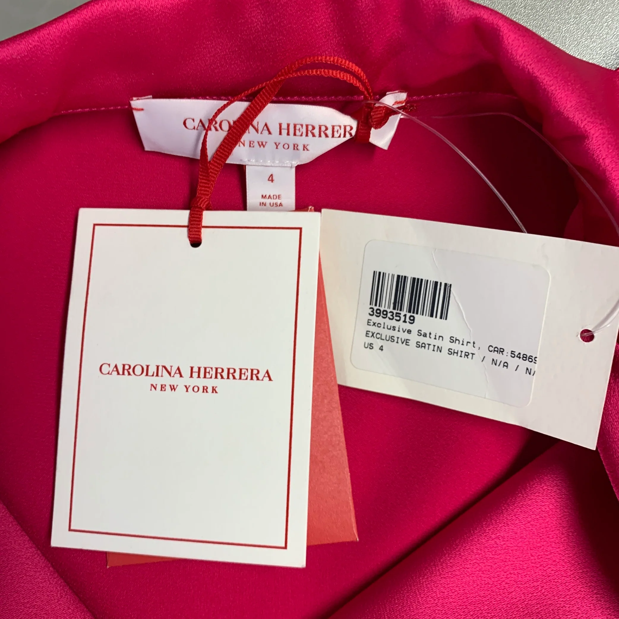 CAROLINA HERRERA Size 4 Pink Fuchsia Satin Spread Collar Blouse - Image 4
