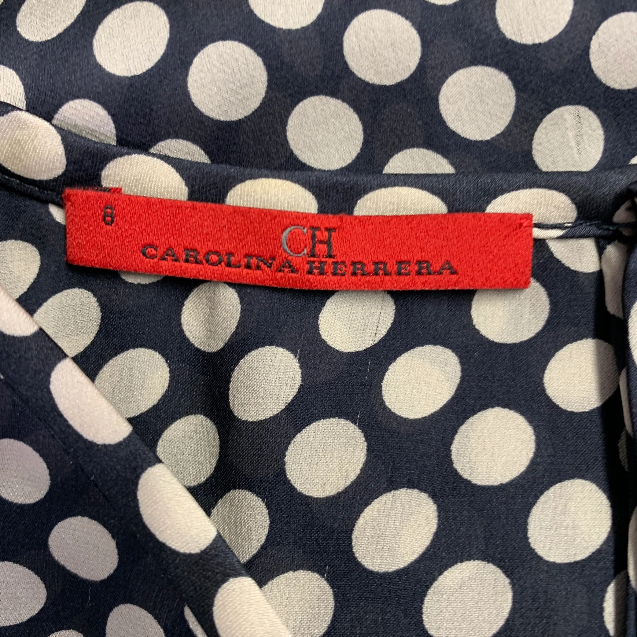 CAROLINA HERRERA Size 8 Black Ivory Silk Polka Dot Pop Over Blouse - Image 6