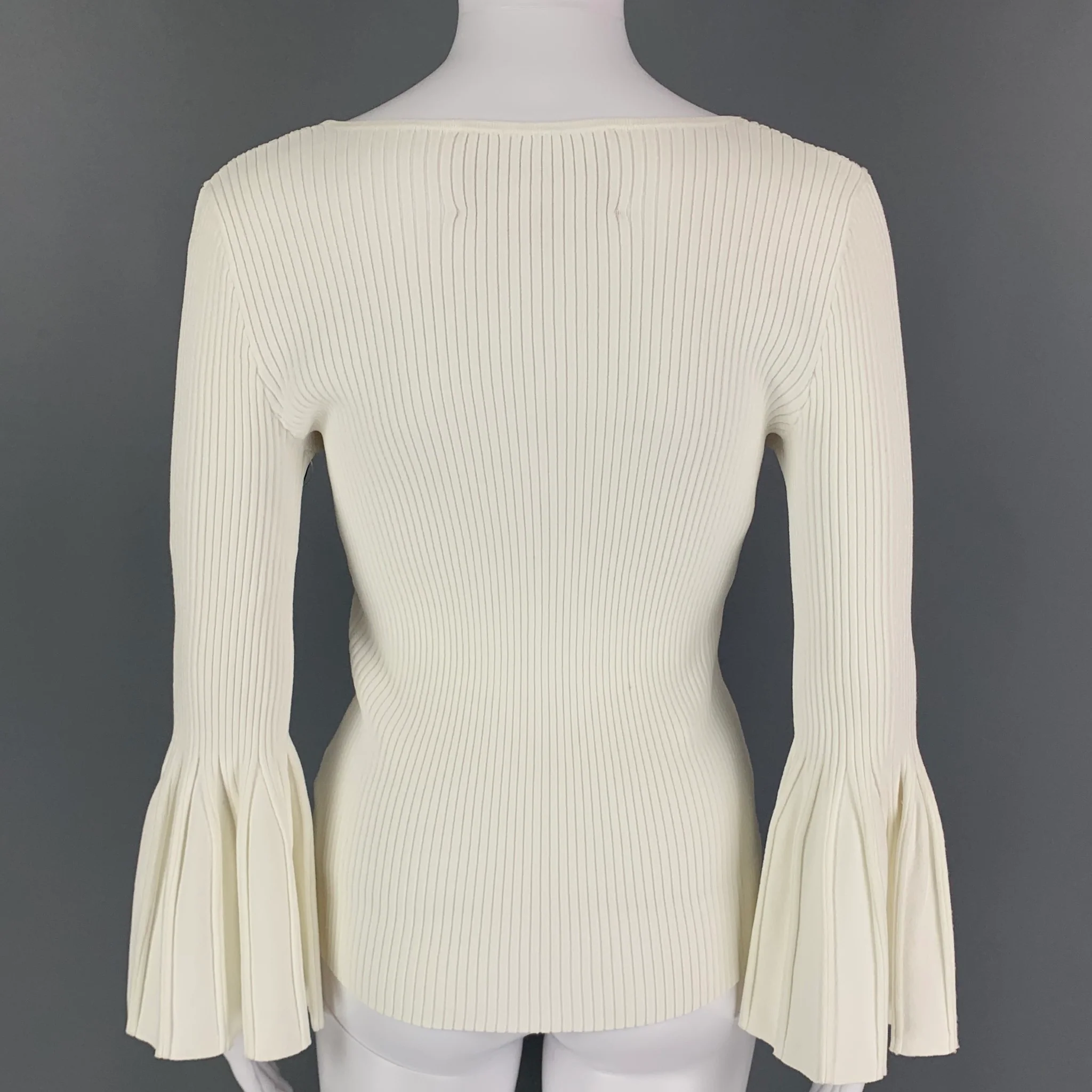 CAROLINA HERRERA Size M White Viscose Polyester Ribbed V-Neck Casual Top - Image 3