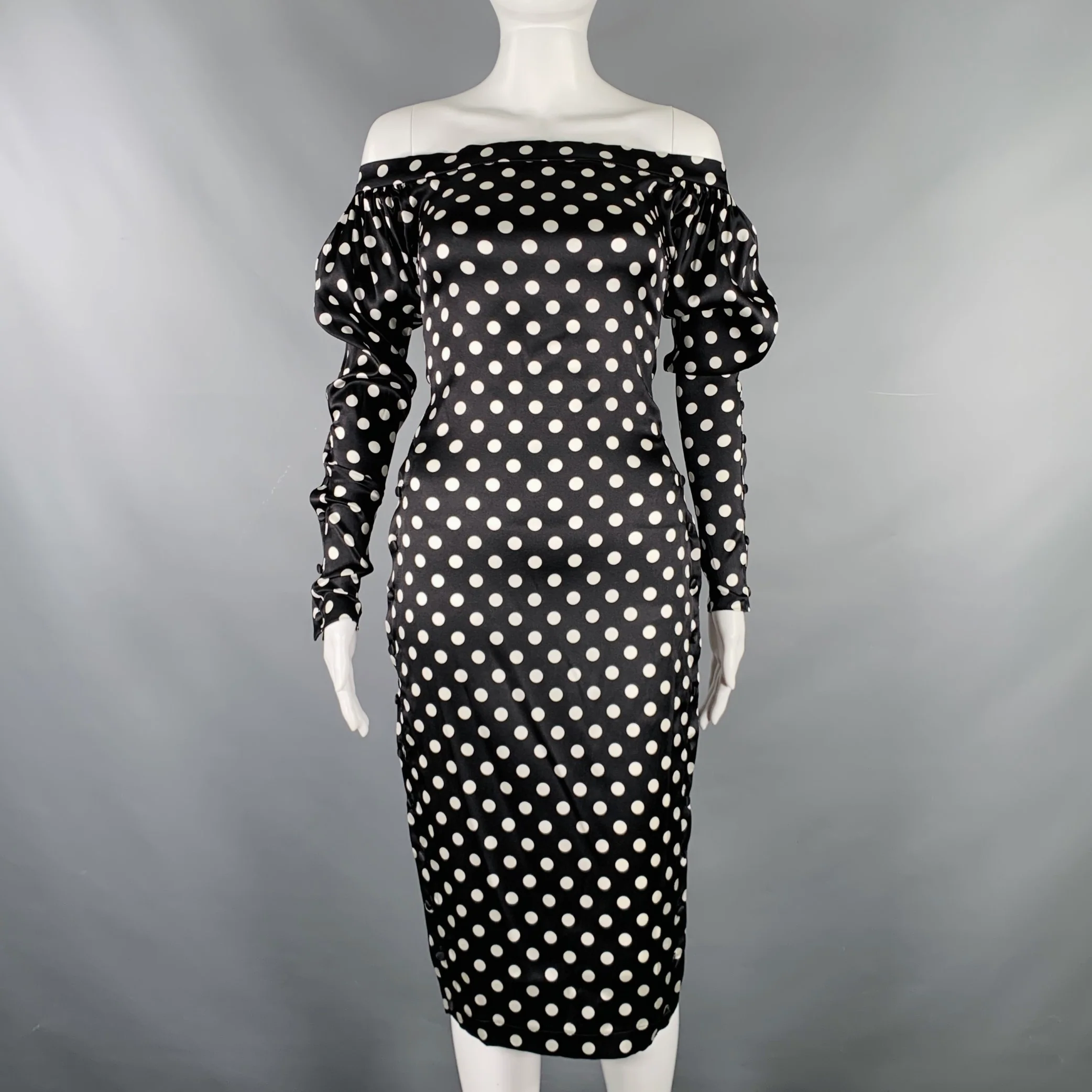 CAROLINE CONSTAS Size XS Black White Silk Blend Polka Dot Long Sleeve Dress