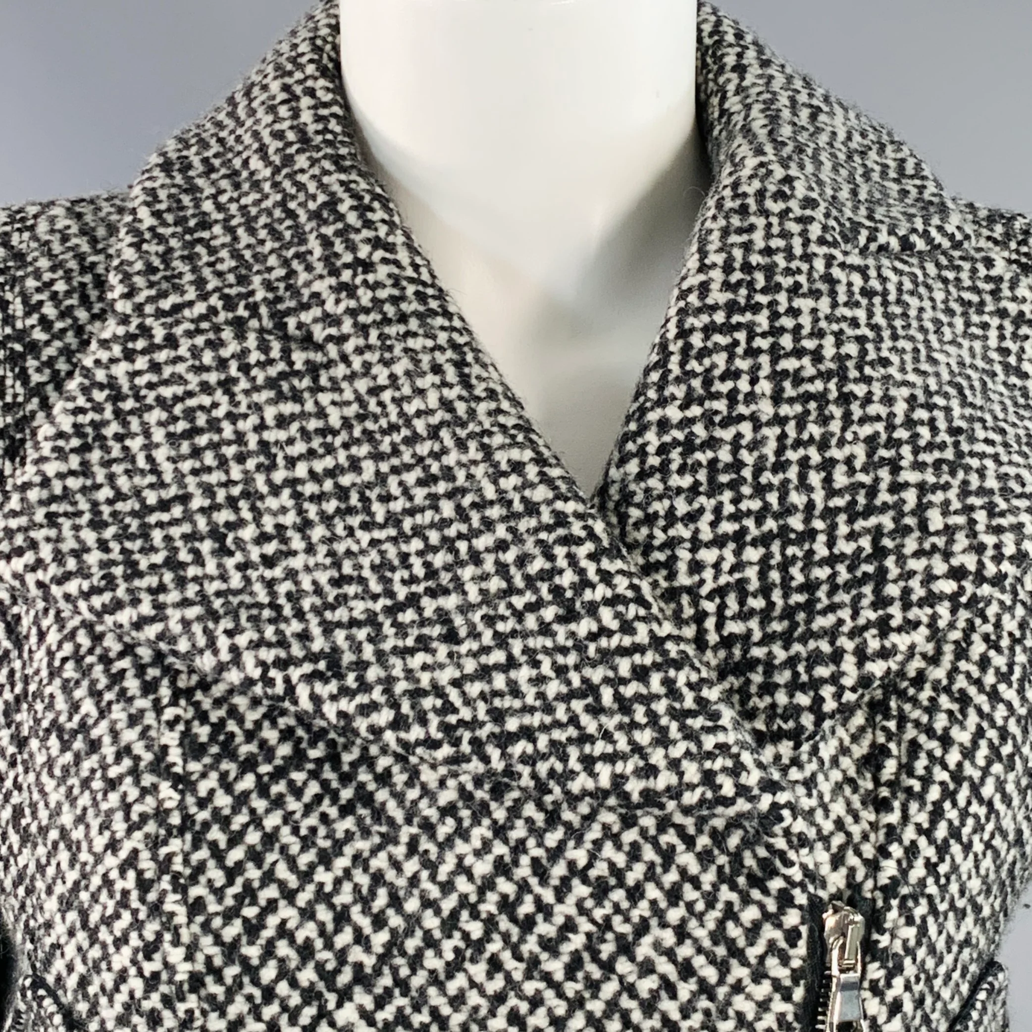 CARVEN Size M Grey Black Wool Blend Tweed Zip Up Belted Biker Jacket - Image 2