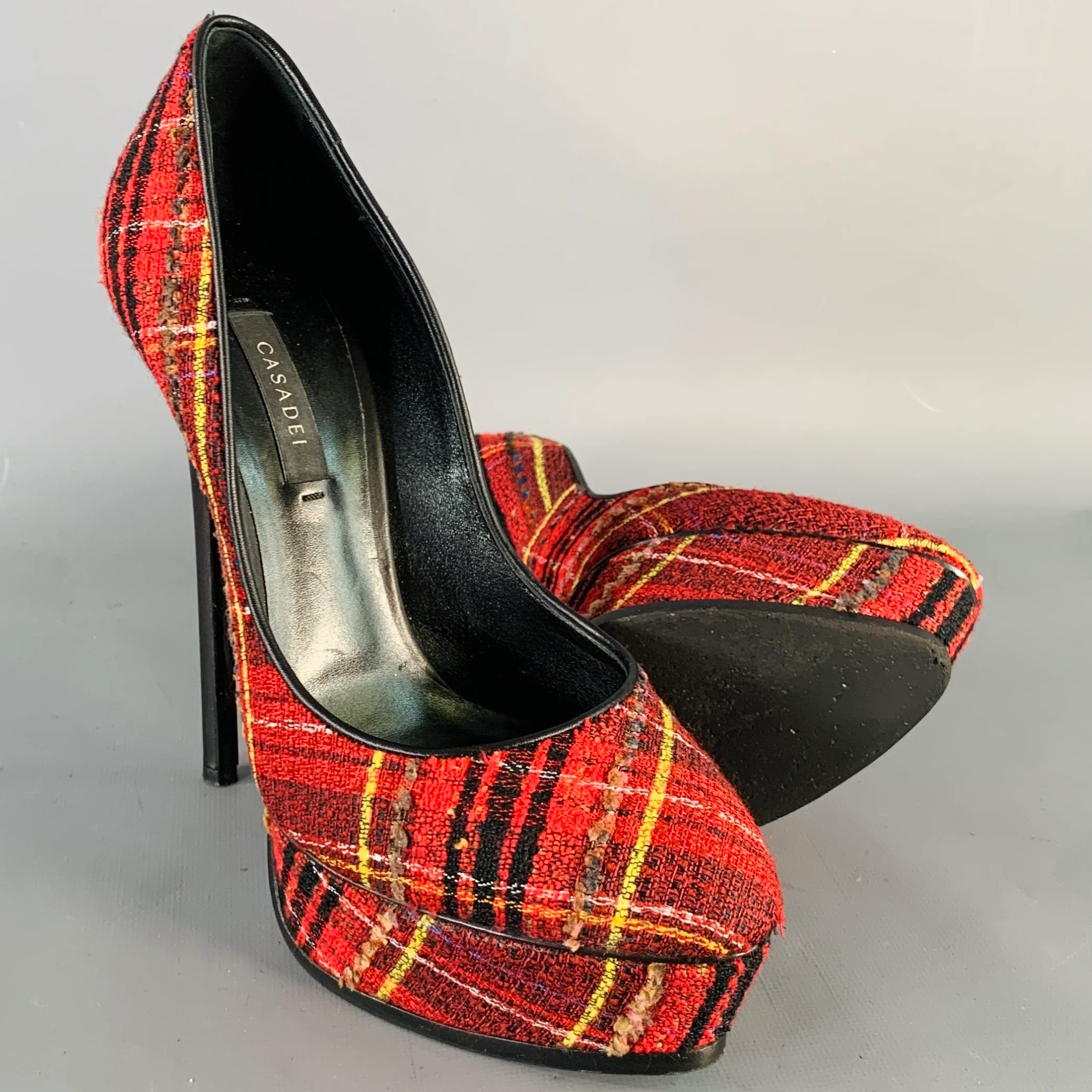 CASADEI Size 9 Red Black Yellow Tweed Plaid Leather Trim Platform Pumps - Image 5