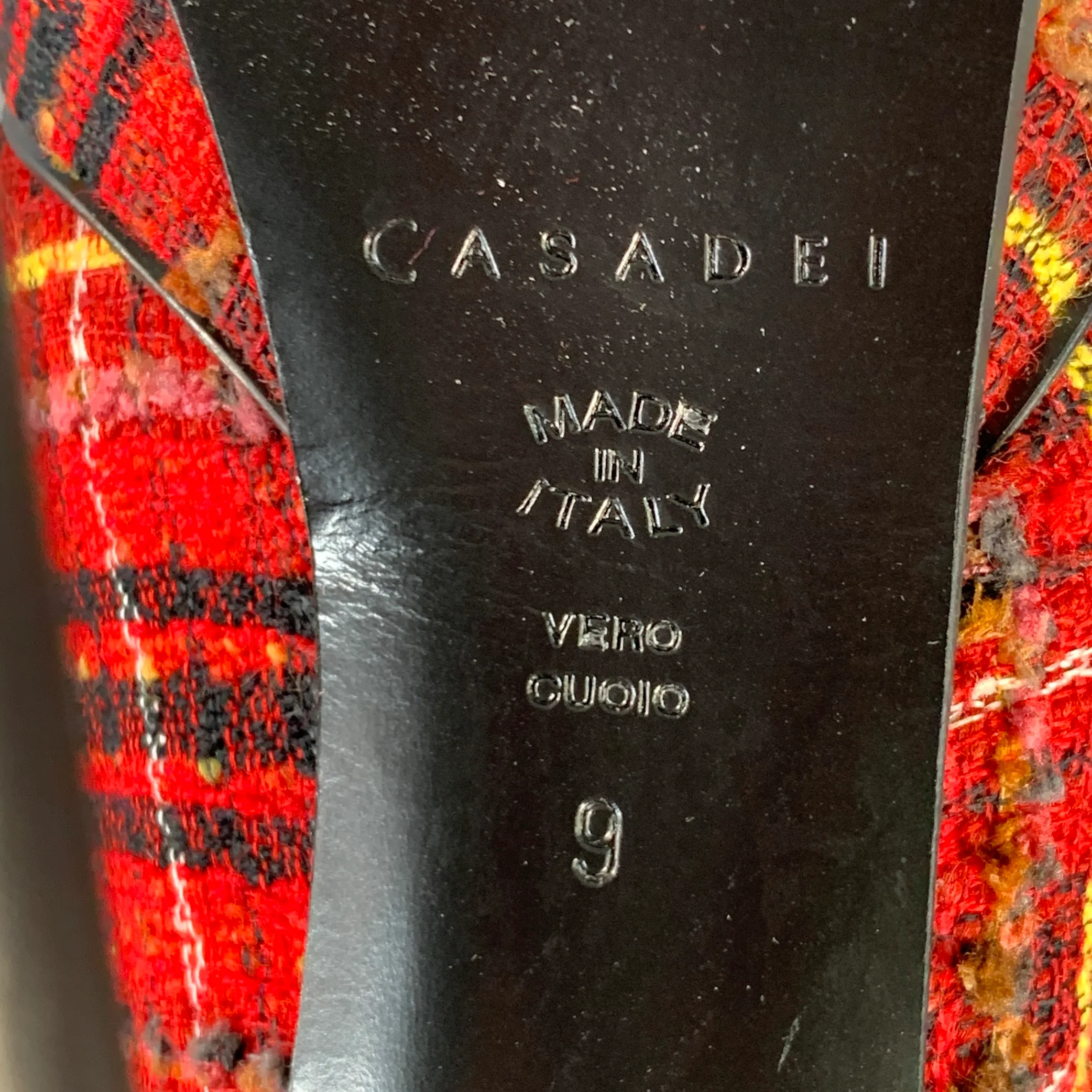 CASADEI Size 9 Red Black Yellow Tweed Plaid Leather Trim Platform Pumps - Image 7