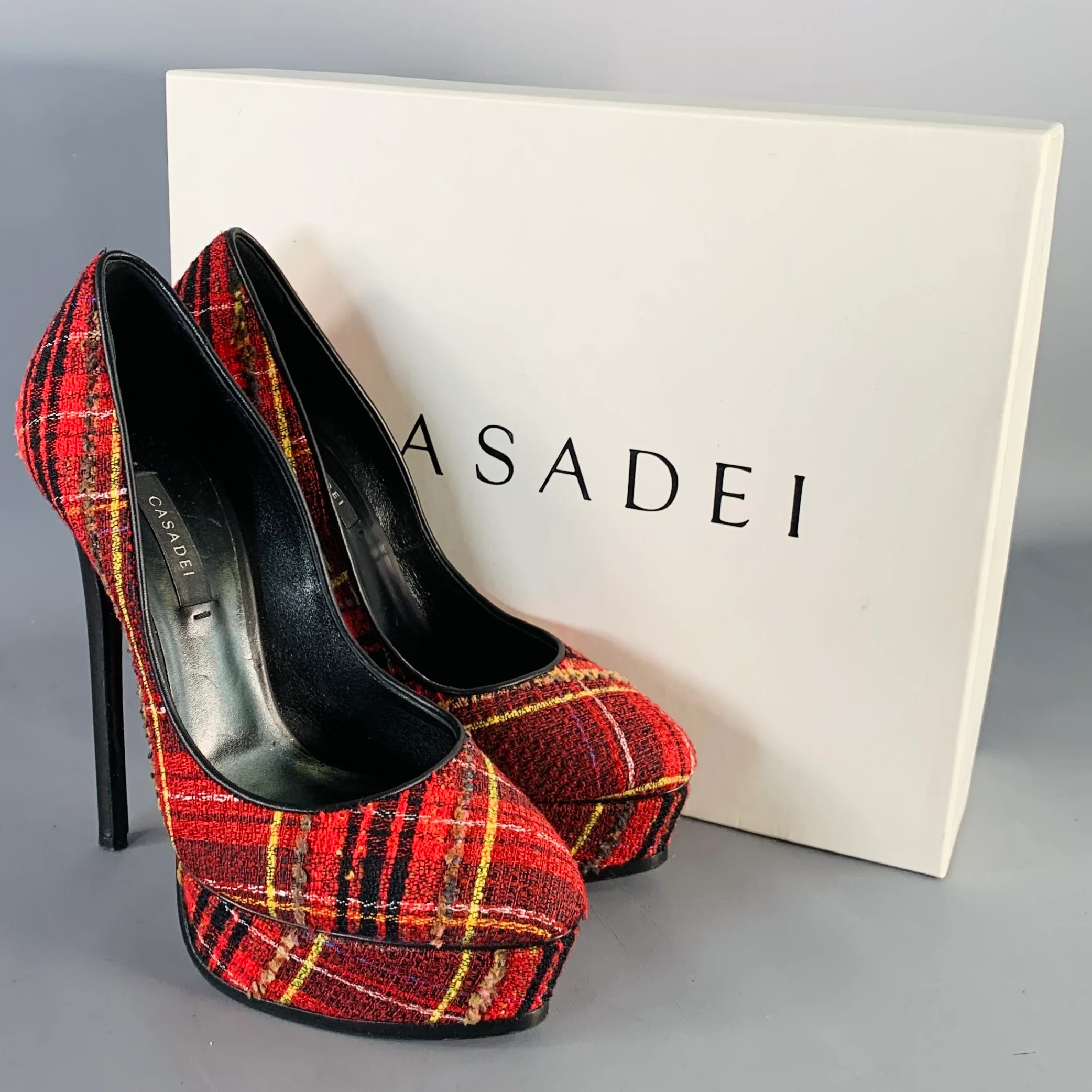 CASADEI Size 9 Red Black Yellow Tweed Plaid Leather Trim Platform Pumps - Image 8