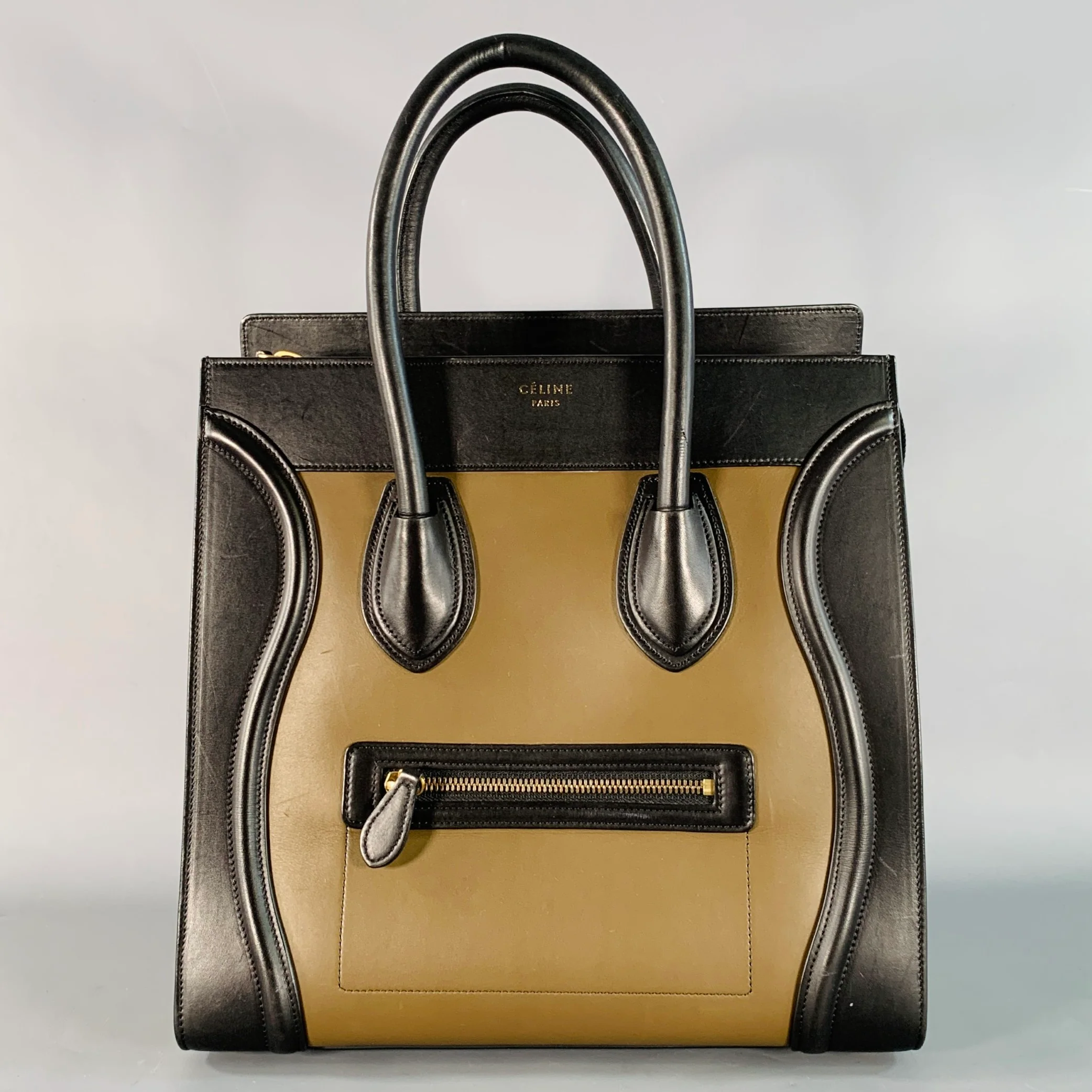 CELINE Brown Taupe Color Block Leather Tote Handbag
