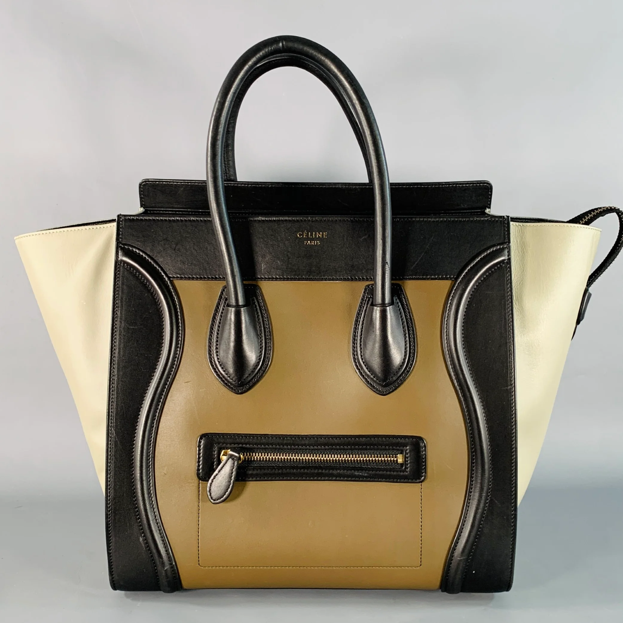 CELINE Brown Taupe Color Block Leather Tote Handbag - Image 2