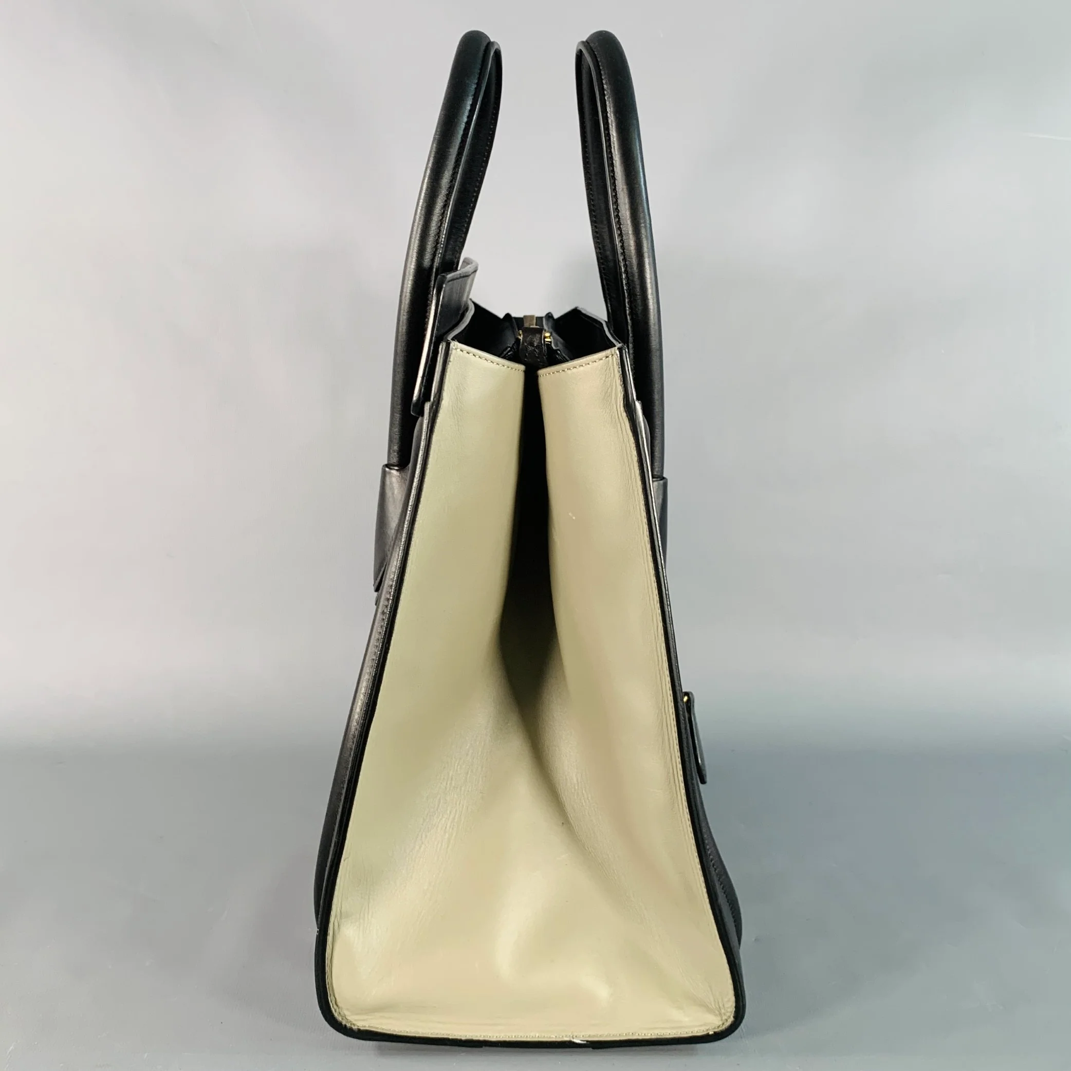 CELINE Brown Taupe Color Block Leather Tote Handbag - Image 4