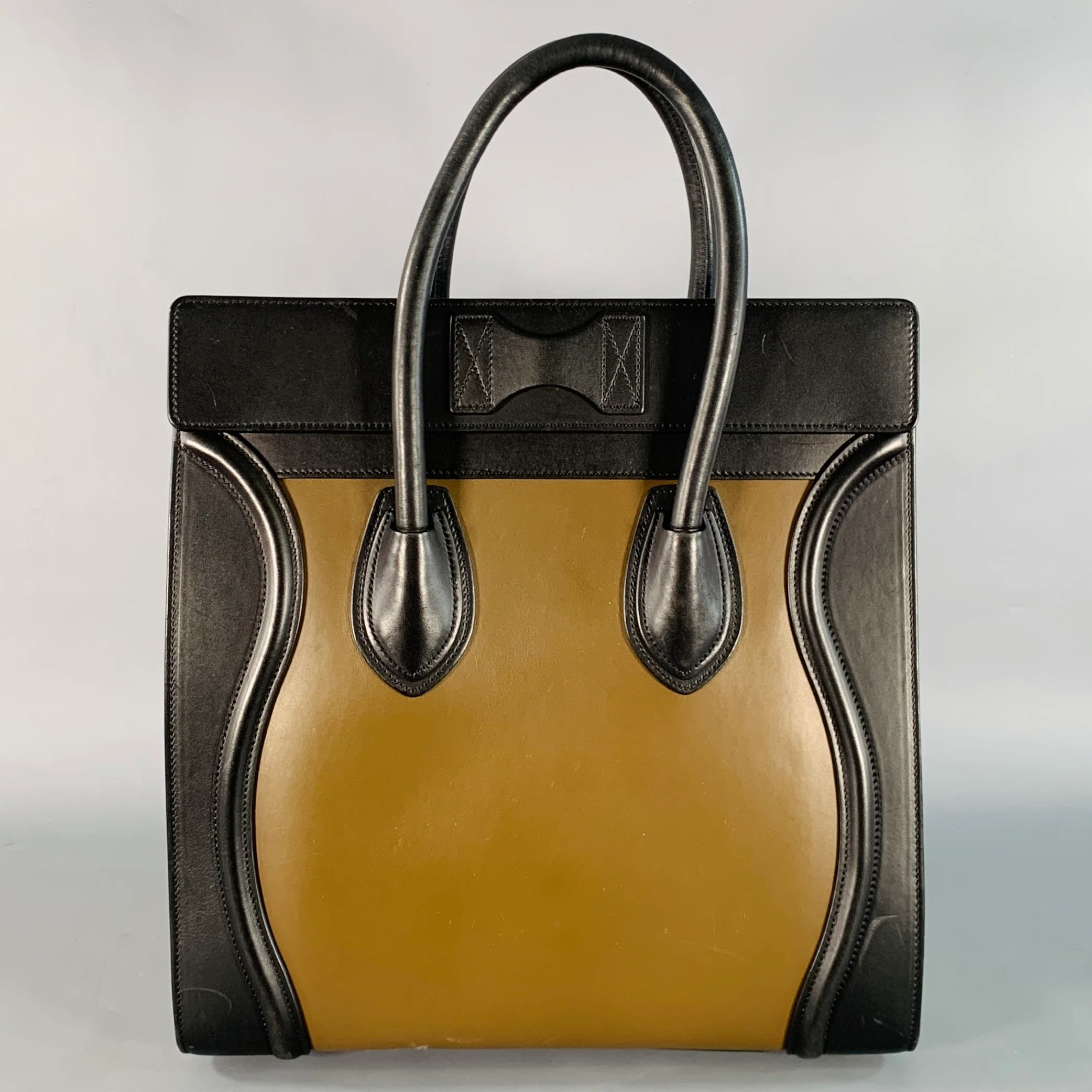 CELINE Brown Taupe Color Block Leather Tote Handbag - Image 5